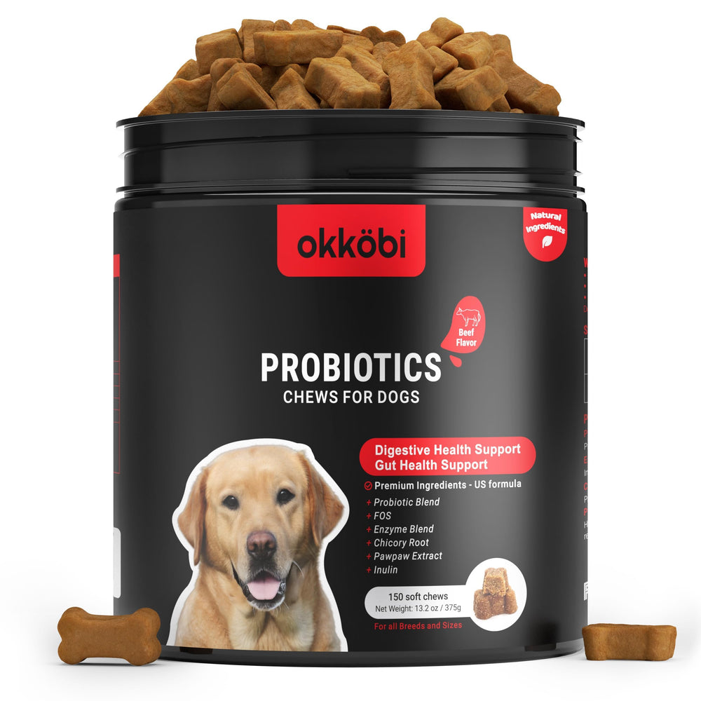 OKKÖBI Probióticos para perros: gomitas en frasco para apoyo digestivo diario.