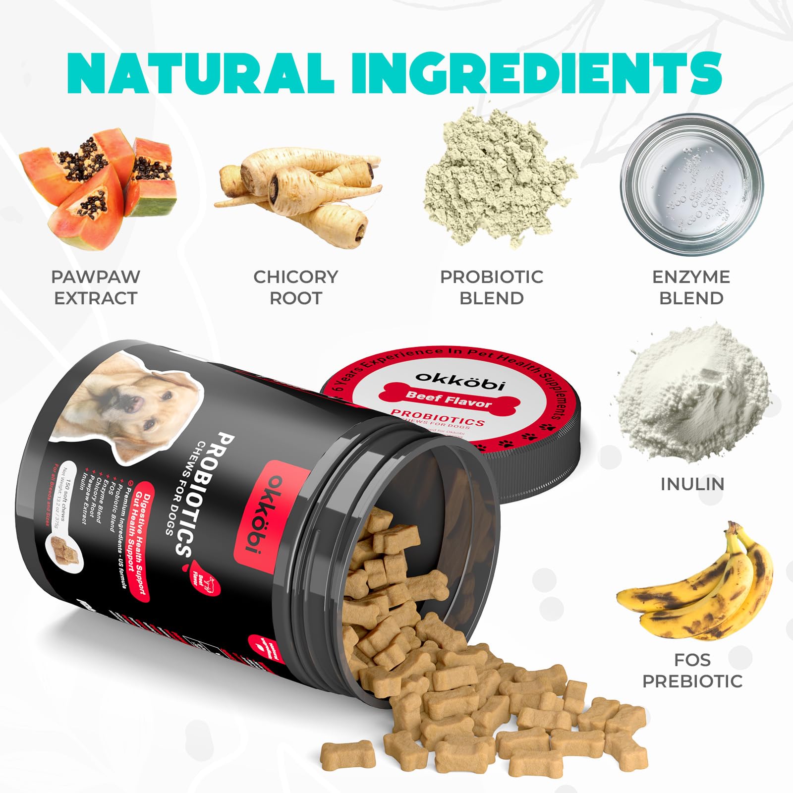 OKKÖBI Probióticos para perros, sabor res: sabor sabroso para bienestar digestivo.