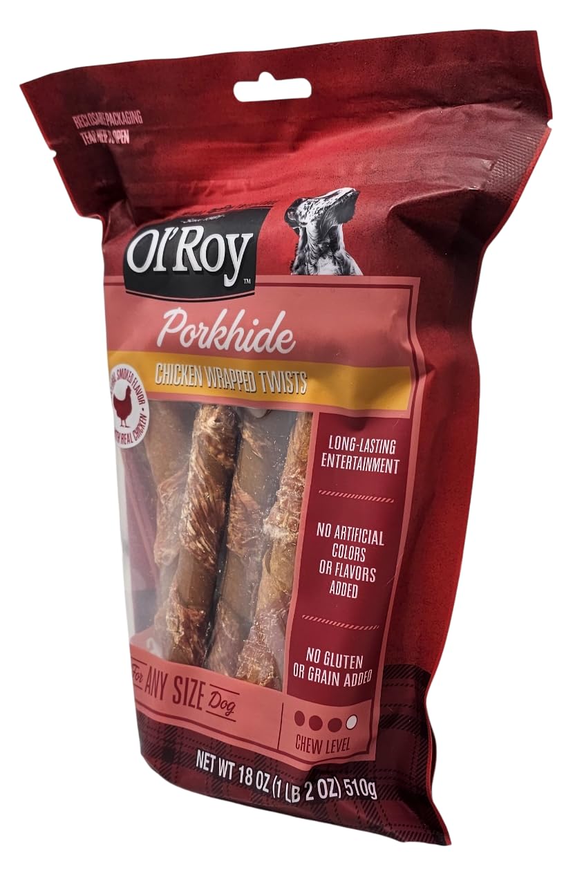 Ol' Roy tiras crujientes de piel de cerdo envueltas en pollo, perfectas para el entrenamiento.