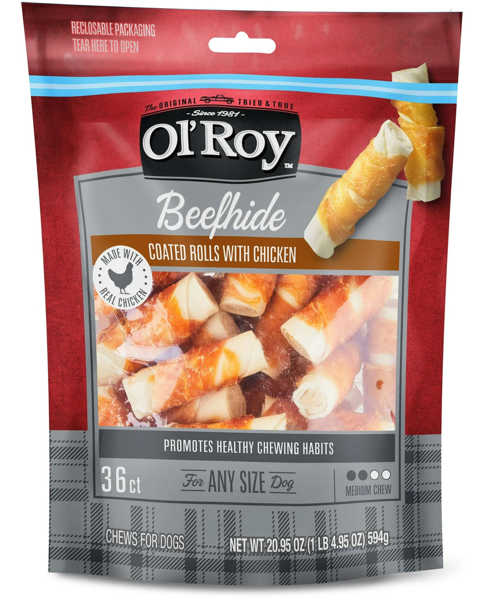Ol-Roy rollos de piel de vacuno recubiertos con pollo real muestran textura dual para masticación prolongada.