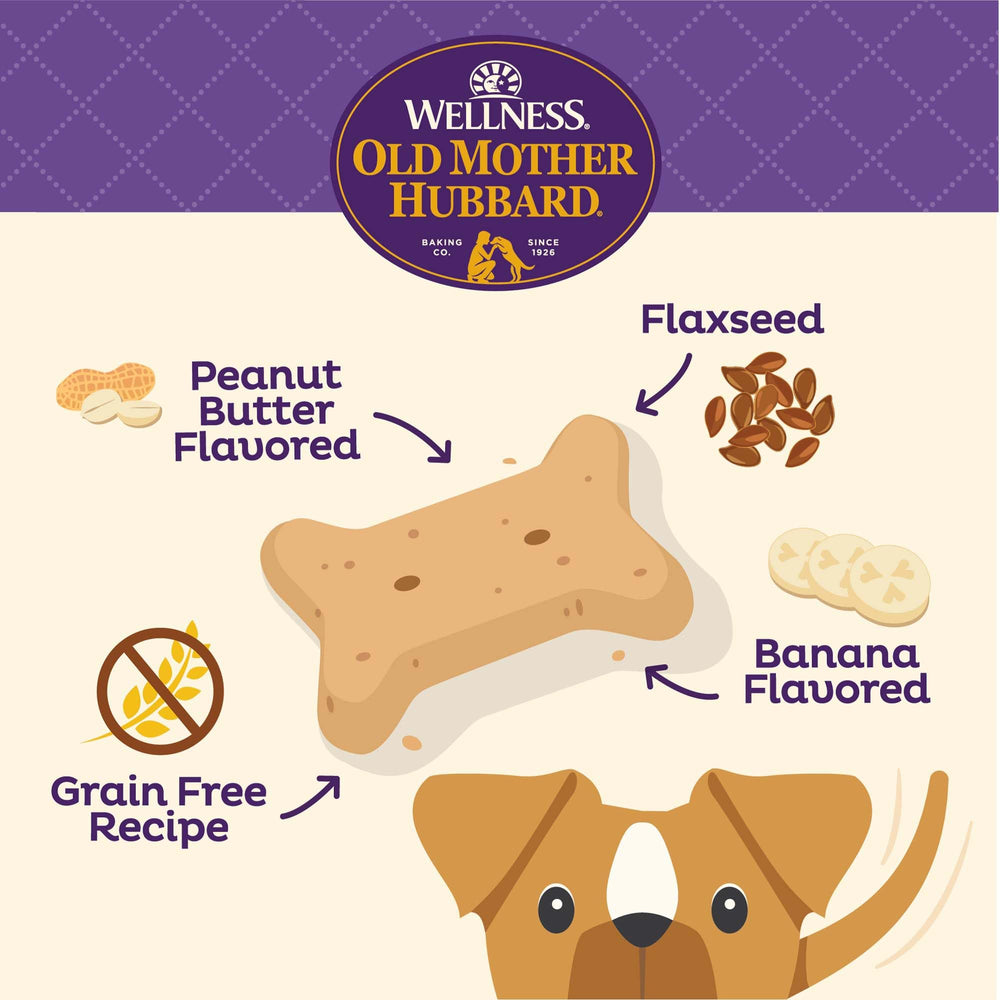 Old Mother Hubbard bocadillos para perro crujientes: sin granos, sabor mantequilla de maní y plátano.