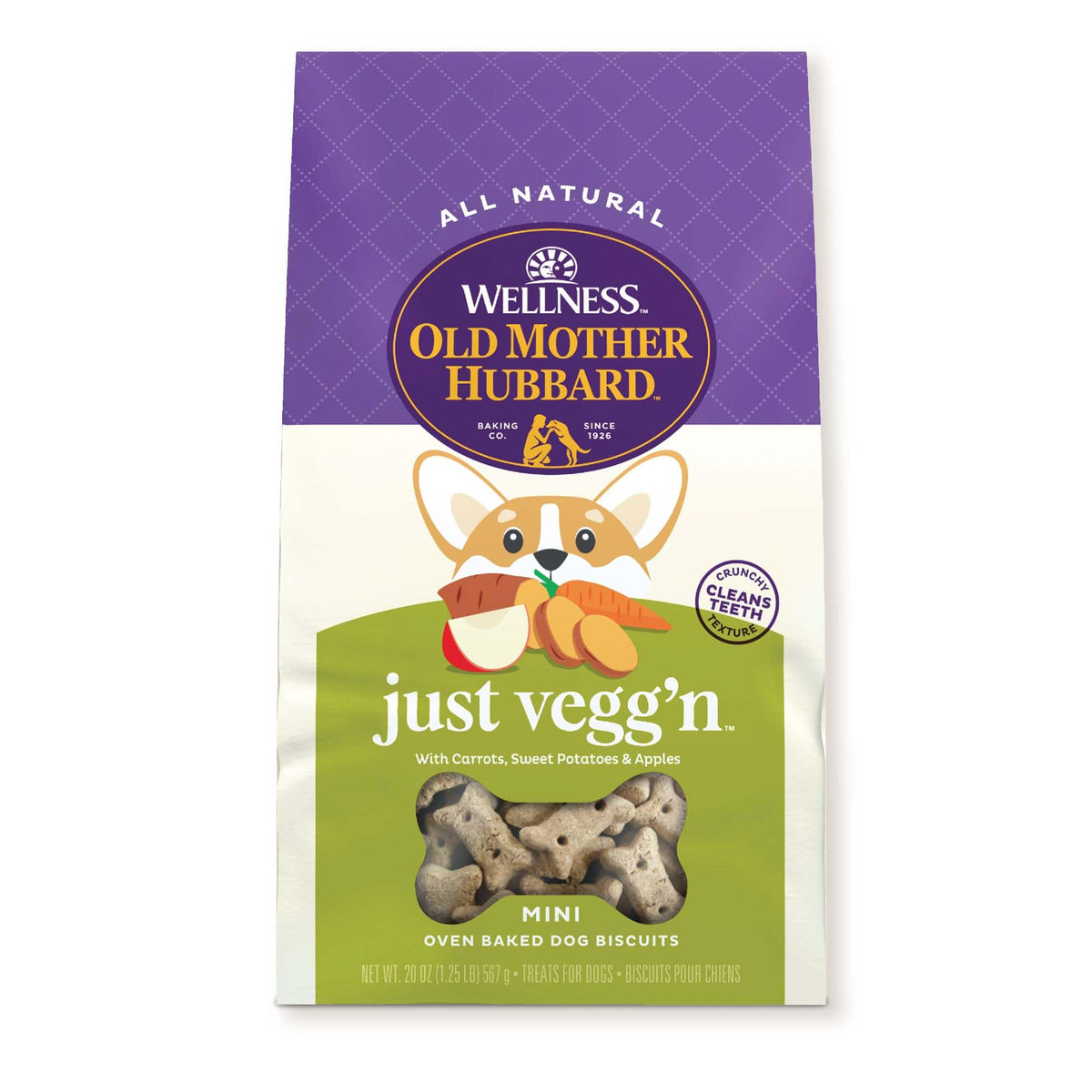 Old Mother Hubbard galletas mini-crujientes con zanahoria para perros, ayuda a la limpieza dental.