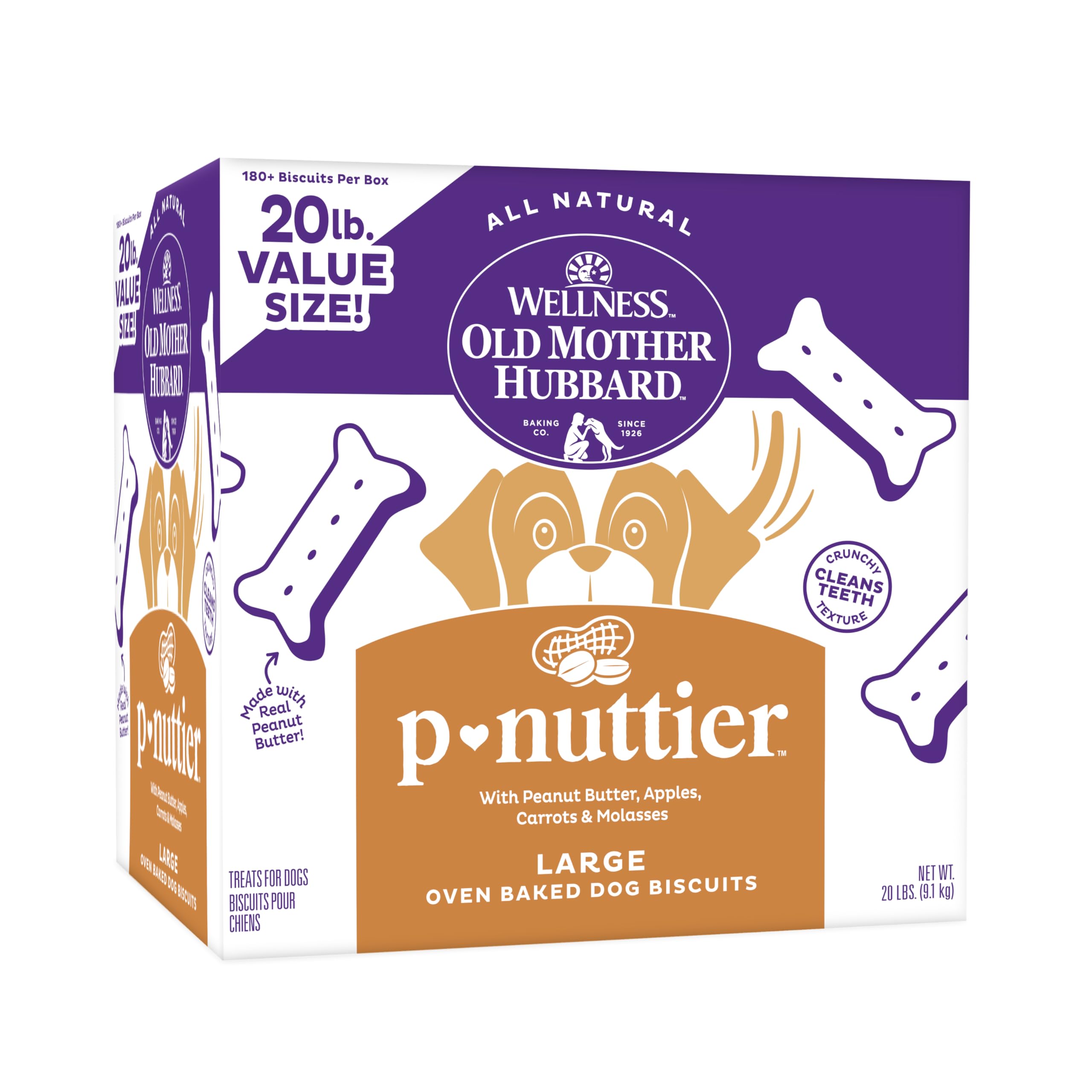 Old Mother Hubbard P-Nuttier en caja de 20 lb, premio perfecto para entrenamiento.