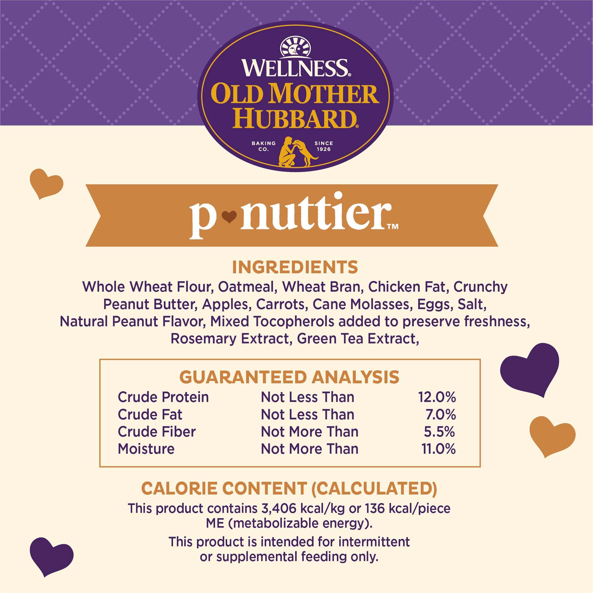 Ingredientes naturales: cacahuate, manzanas, zanahorias en galletas Old Mother Hubbard.