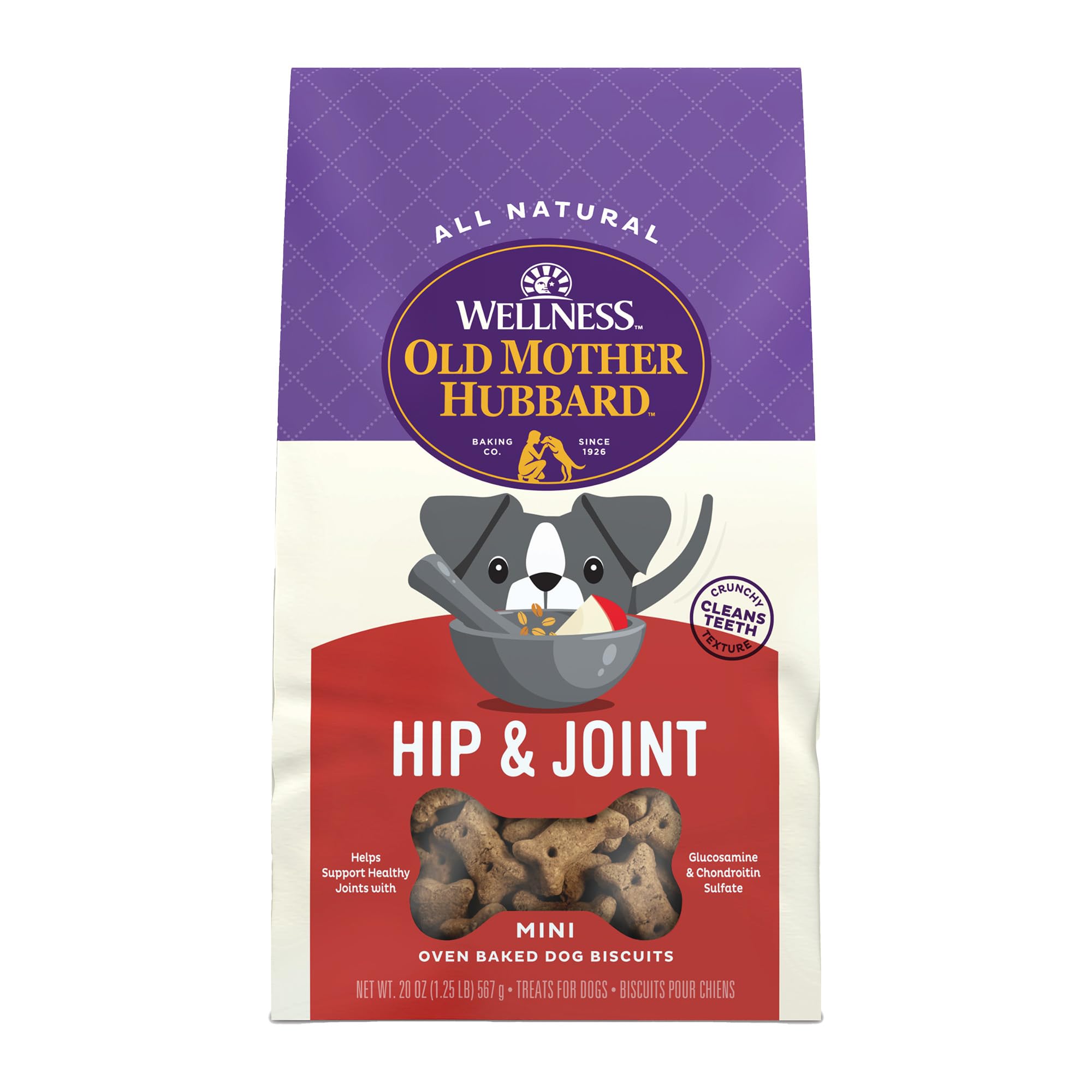 Galletas Old Mother Hubbard Wellness caderas y articulaciones en empaque de 20 onzas, perfectas para premios diarios.