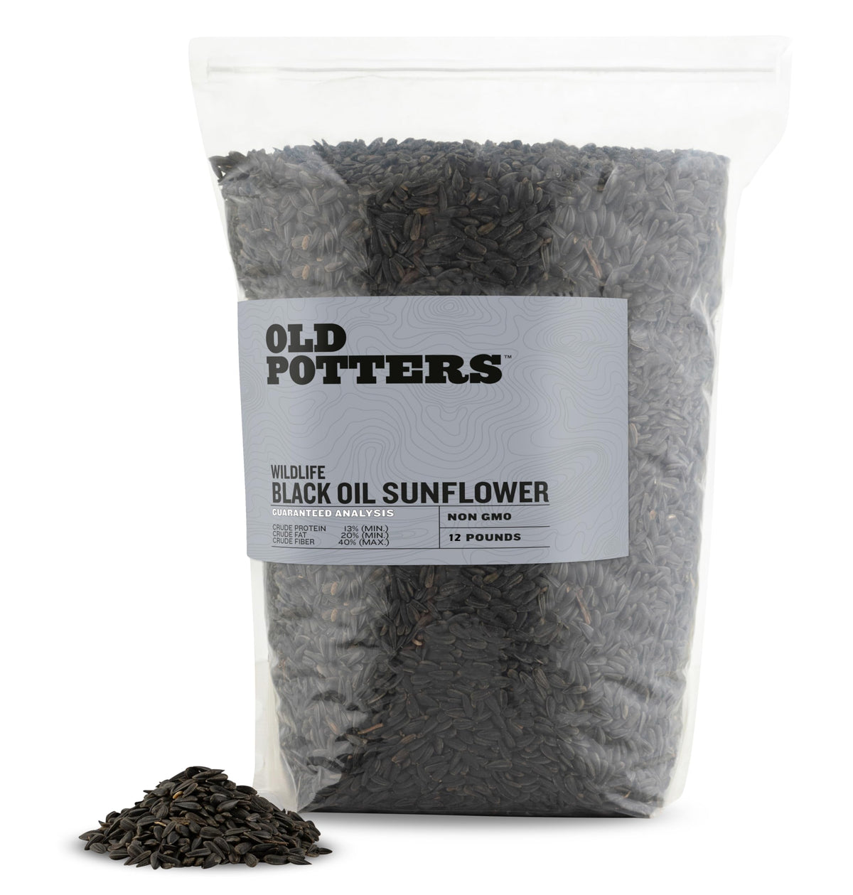 Old Potters semillas de girasol negro para aves, ideales para atraer aves en exteriores.