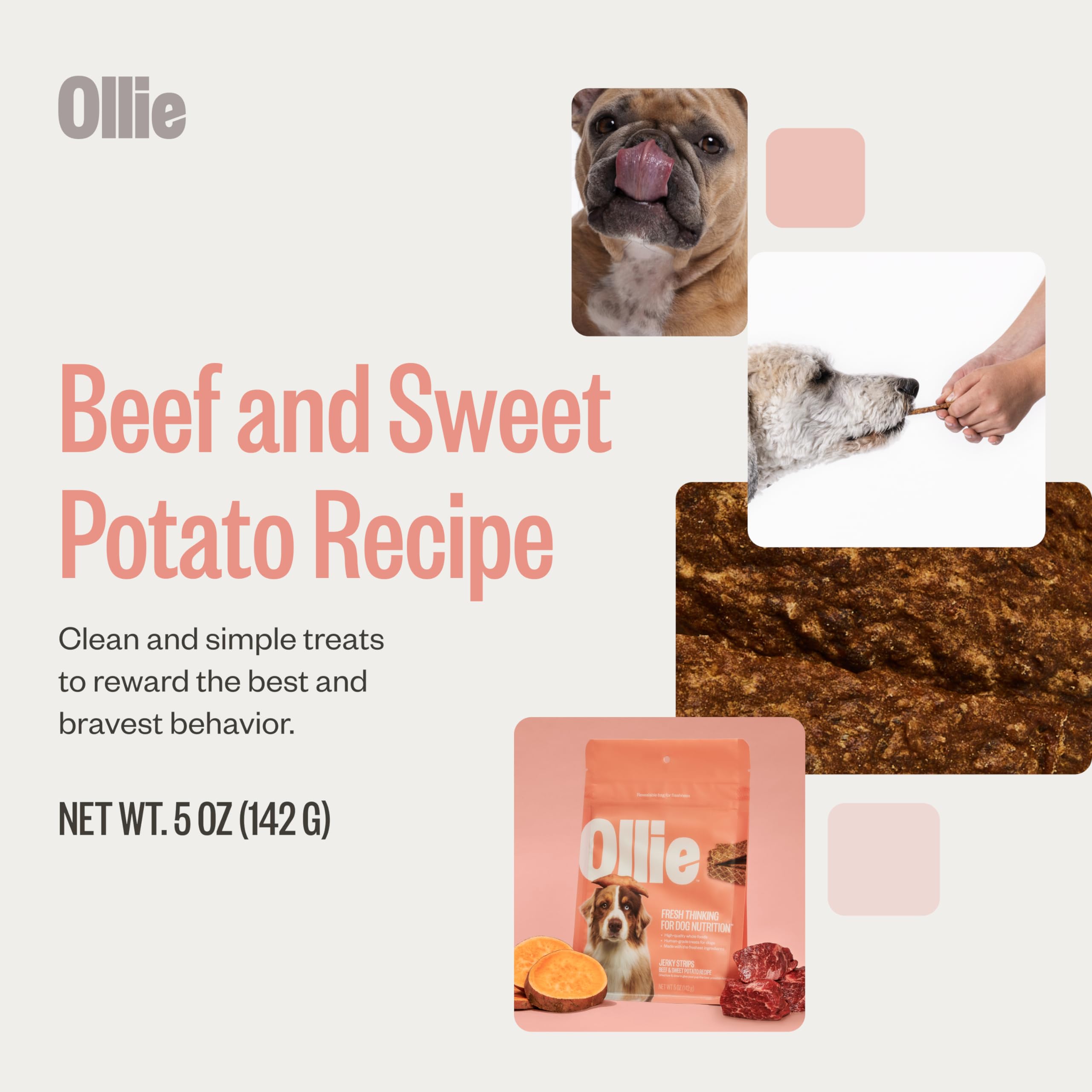 Ollie Beef & Sweet Potato Jerky ingredients list highlights simple, pronounceable components.