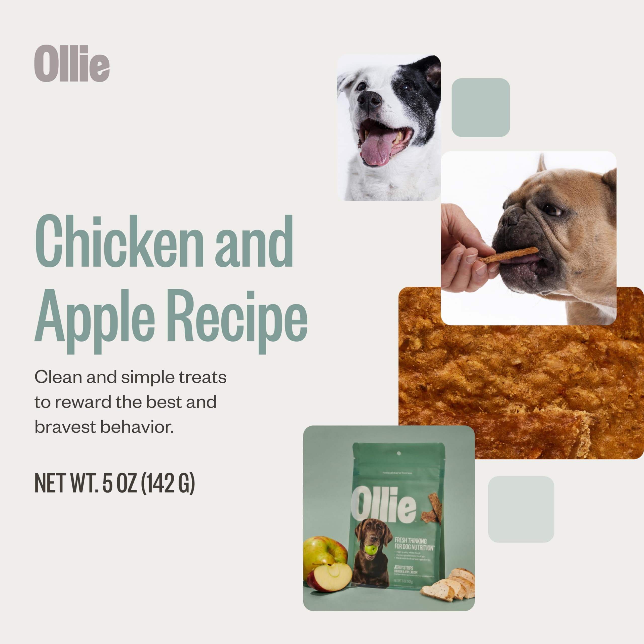 Ollie Jerky pollo-manzana, trozos visibles para masticar con gusto.