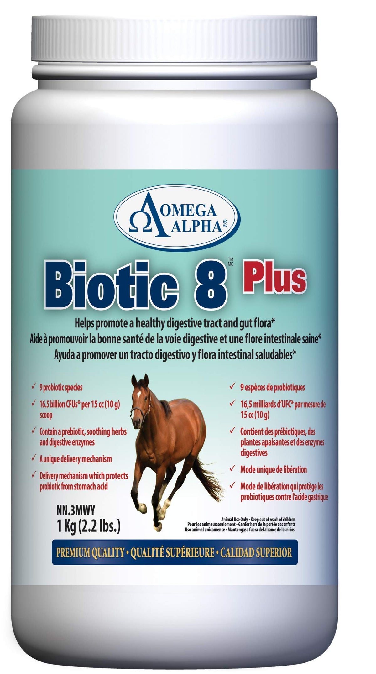 Omega Alpha Biotic 8: botella vertiendo para apoyar la digestión del caballo.
