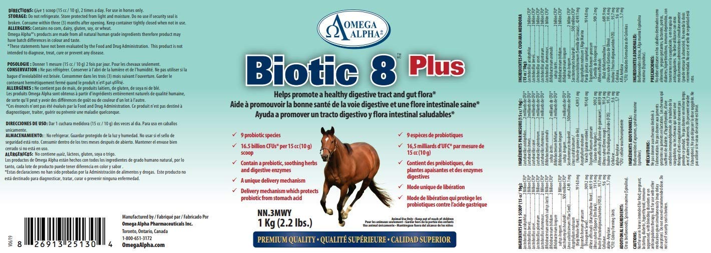 Omega Alpha Biotic 8: cuchara medidora para dosificar y apoyar la salud digestiva del caballo.