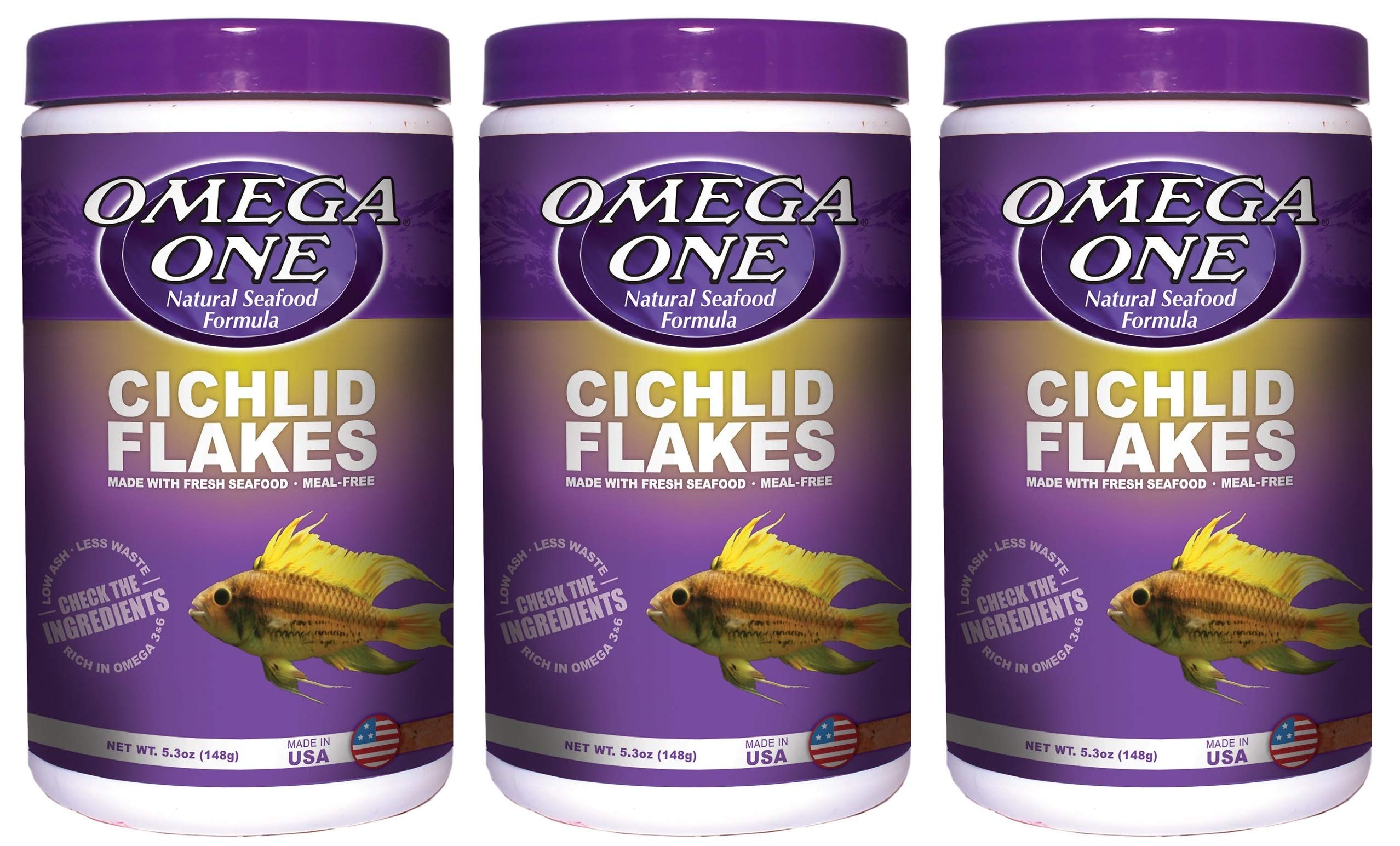 Omega One escamas para cíclidos resalta colores naturales y nutrición equilibrada.