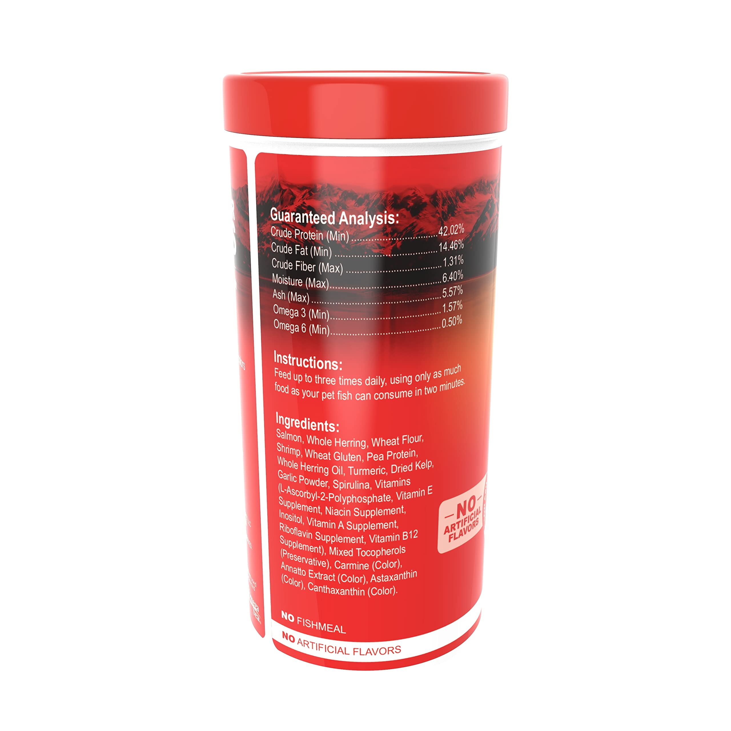 Omega One Freshwater Flakes muestran análisis garantizado para control nutricional.