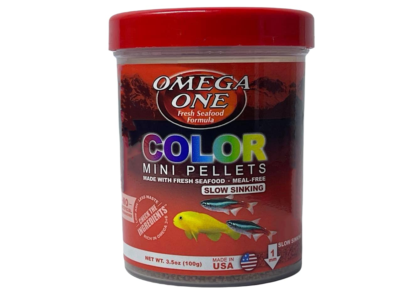 Omega One Granulos Color Mini, bolsa de gránulos que se hunden para acuario y mejoran el color.