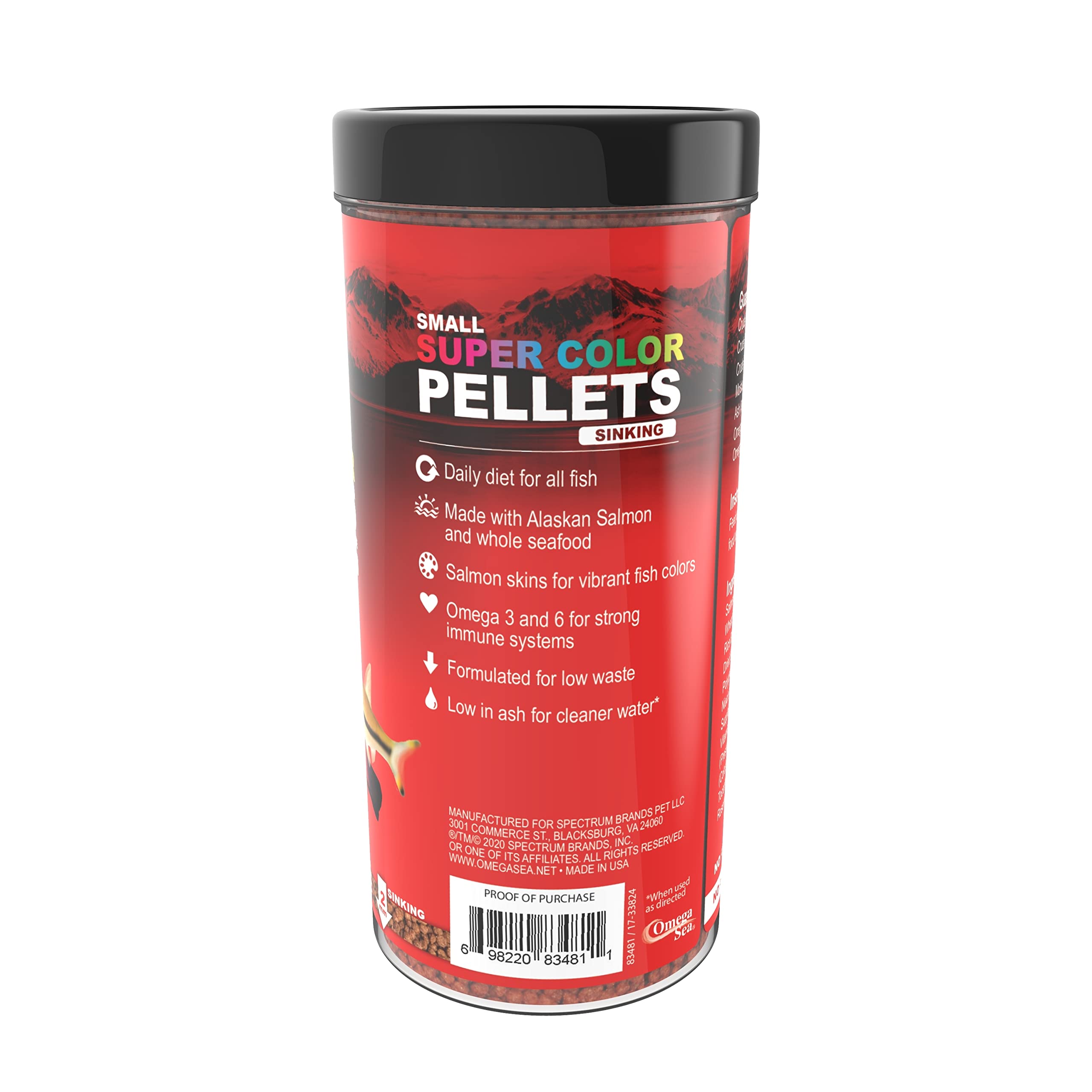 Etiqueta del producto Omega One Color Súper con nutrientes clave para la nutrición de peces.