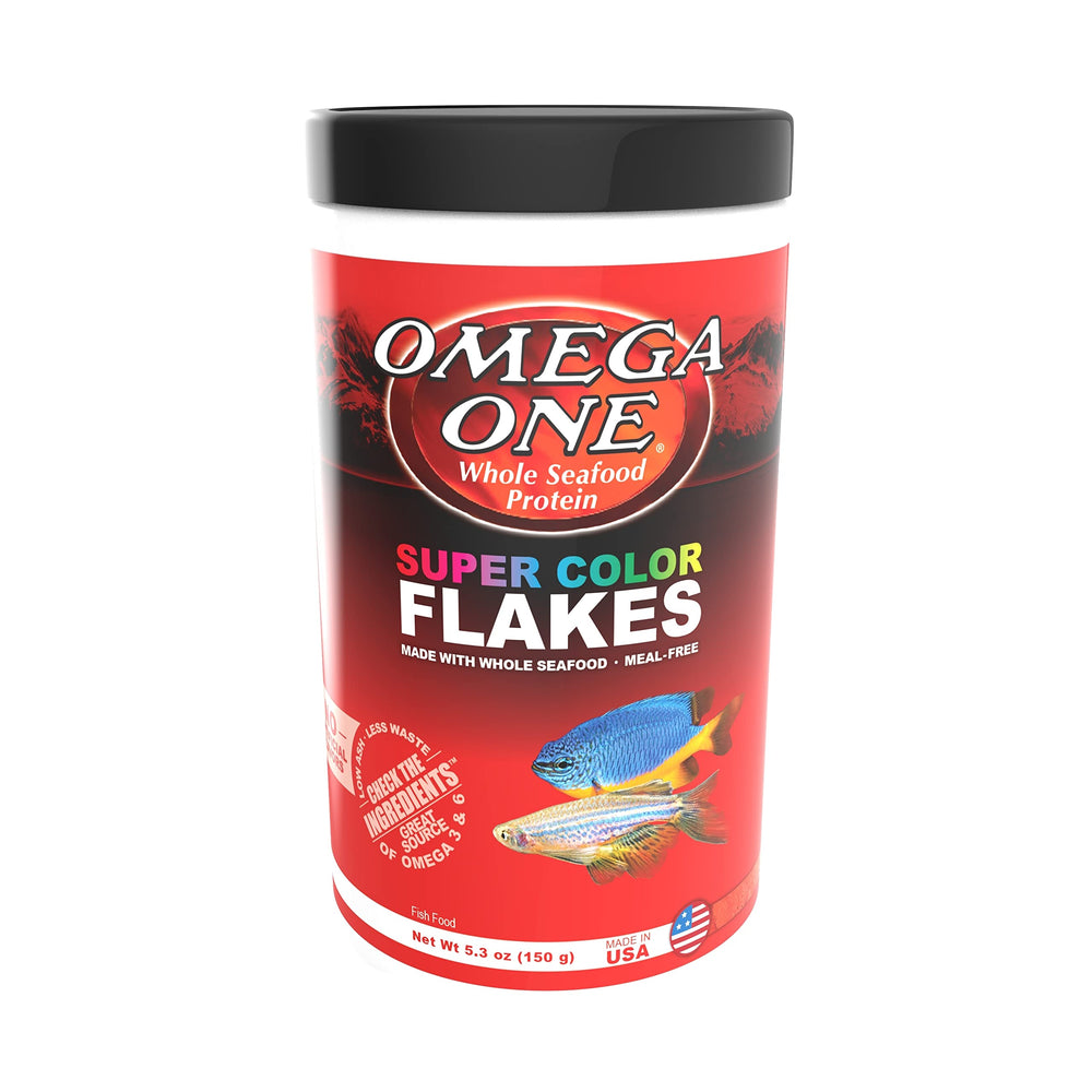 Omega One Super Color Flakes, tazón con peces, nutrición rica en Omega 3 y 6.