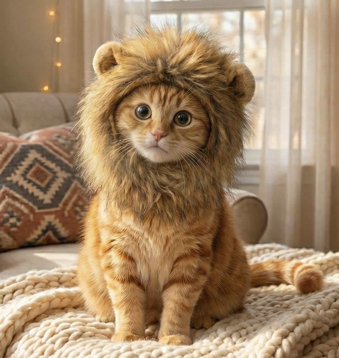 OMG Adorables disfraz melena de león para gatos, capucha suave para fotos divertidas
