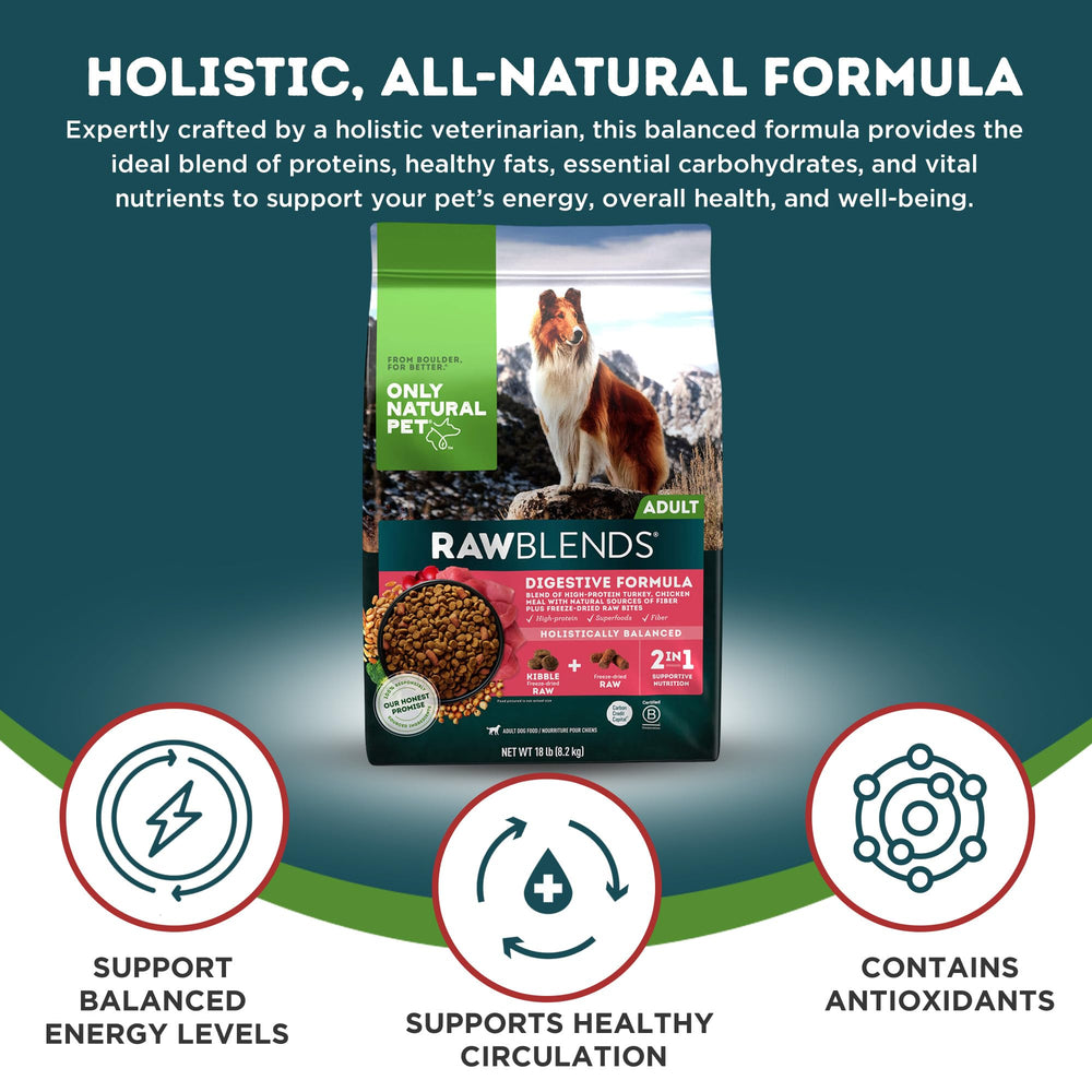 Only Natural Pet Raw Blends Infused Grain Free, digestión suave con ingredientes naturales.