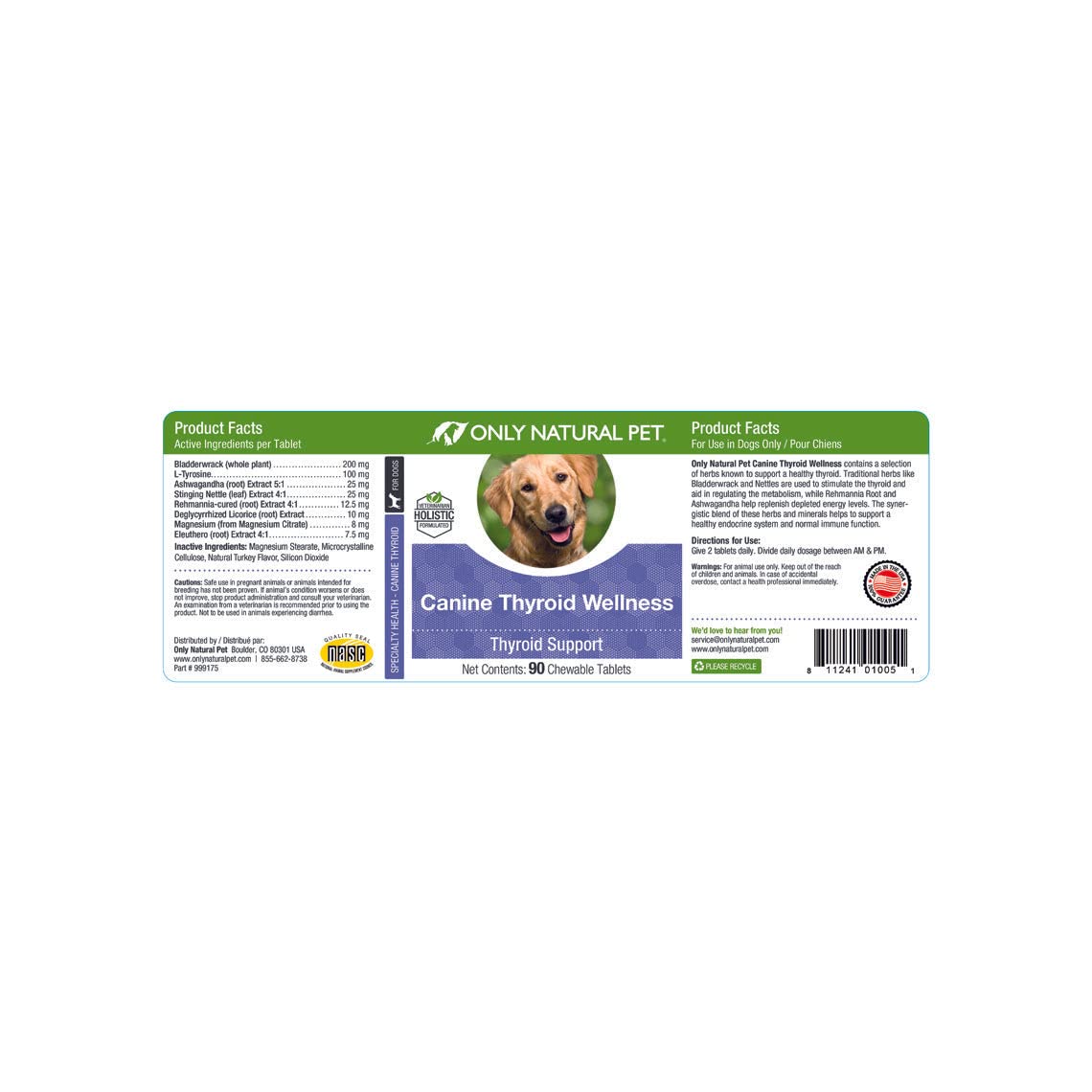 Only Natural Pet envase frontal con información sobre bienestar tiroideo para perros