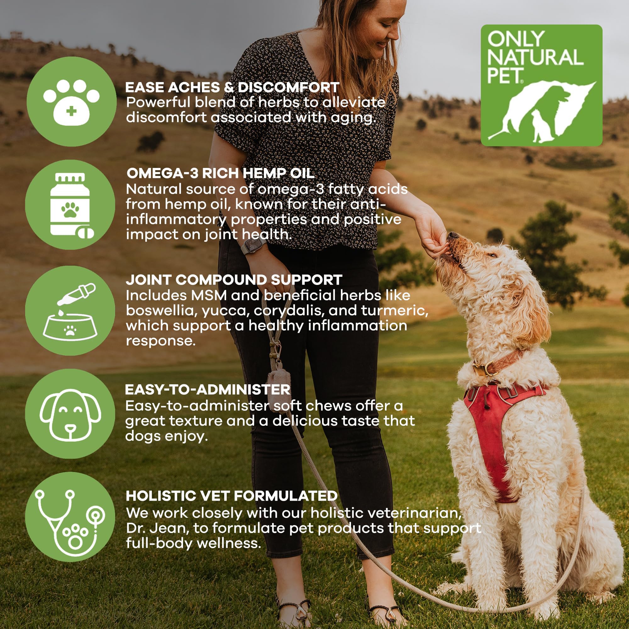 Only Natural Pet Hemp Advanced Mobility alivia dolor ocasional en articulaciones.