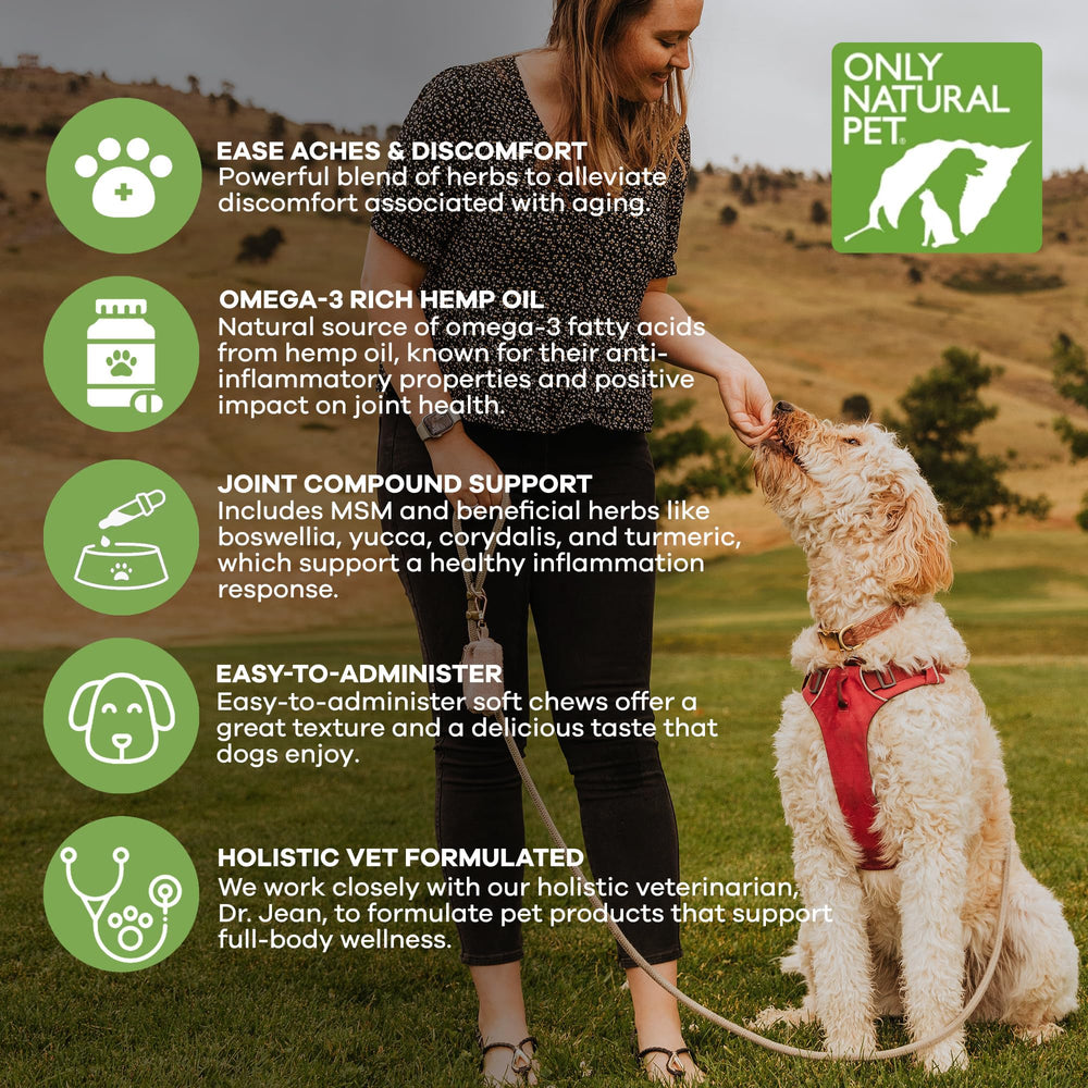 Only Natural Pet Hemp Advanced Mobility alivia dolor ocasional en articulaciones.
