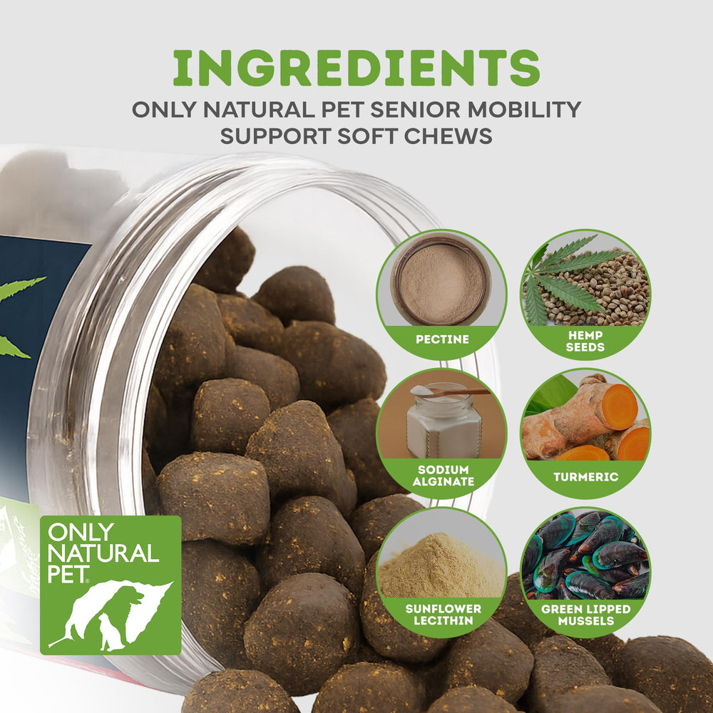 Only Natural Pet Hemp Advanced Mobility articulaciones flexibles para perros activos y felices.