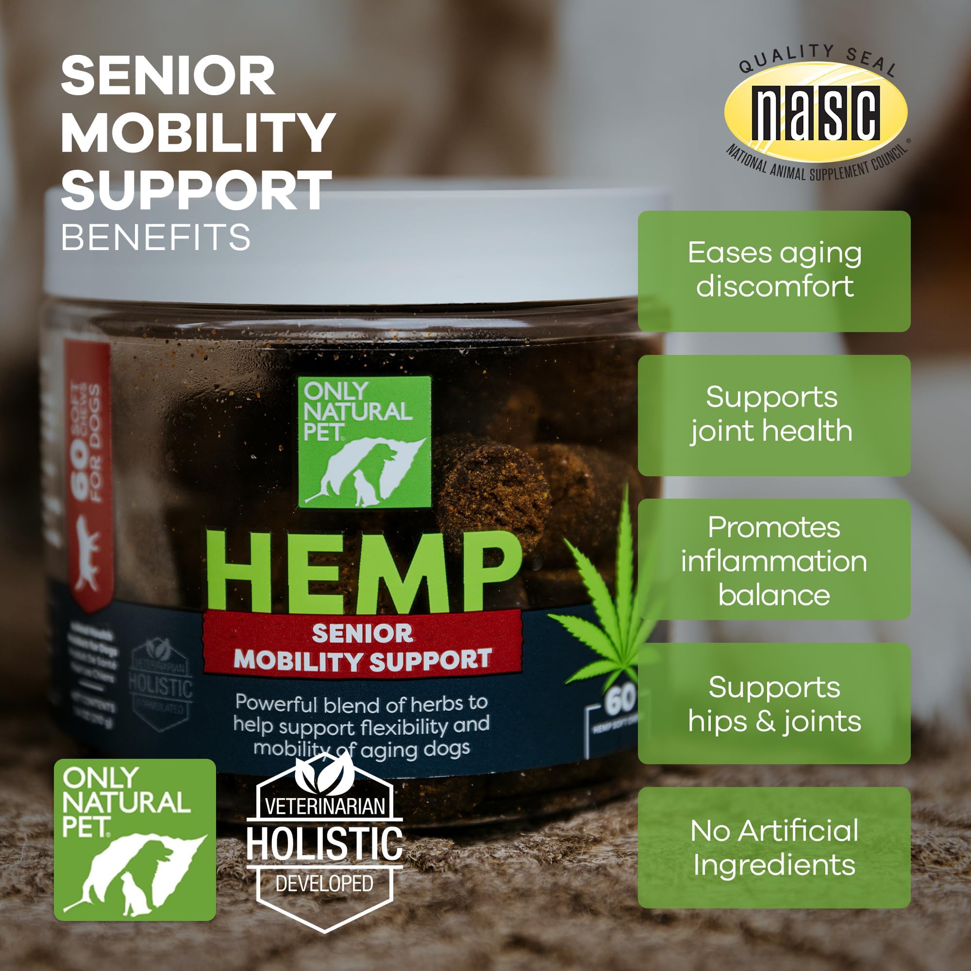 Only Natural Pet Hemp Advanced Mobility beneficios diarios para perros activos.
