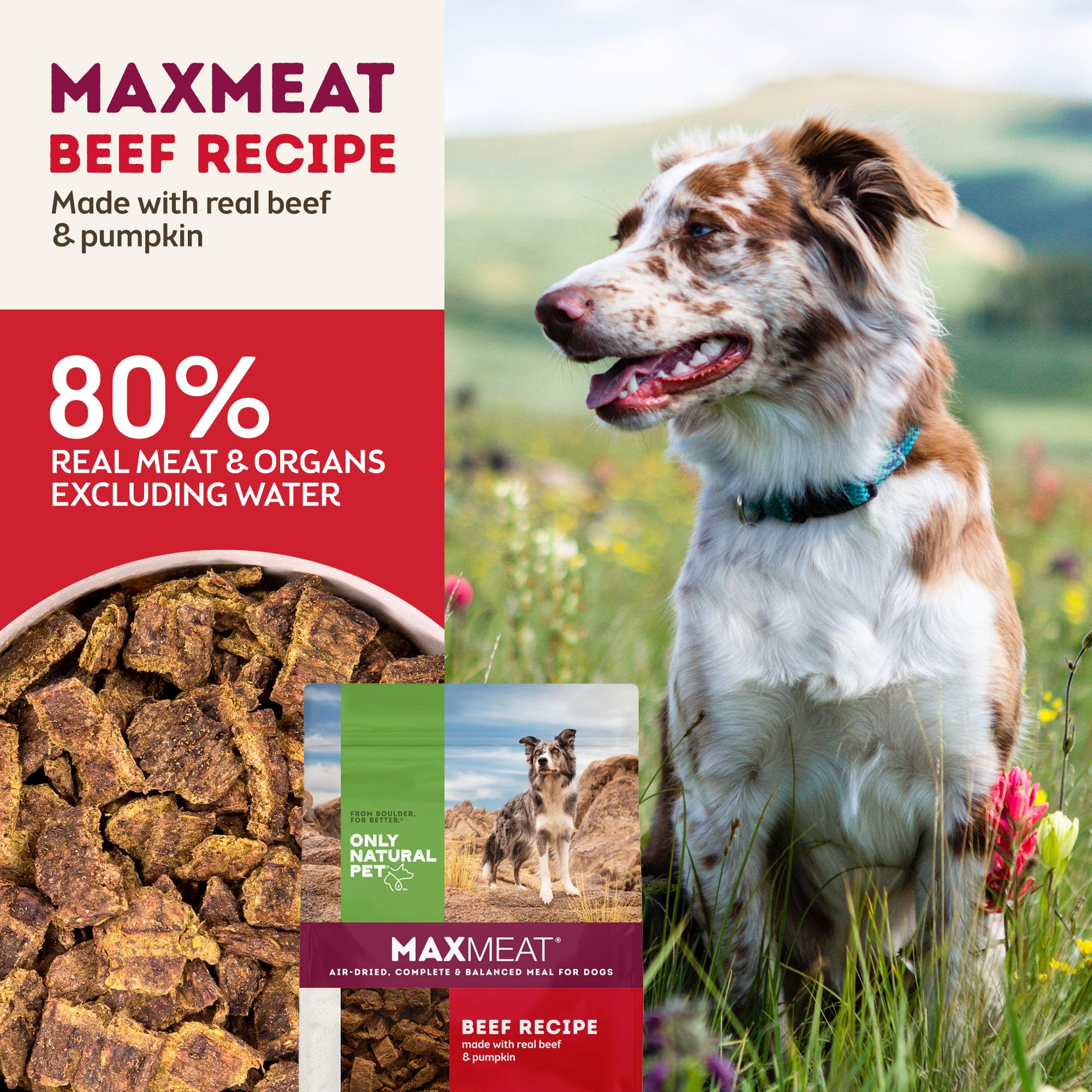 Only Natural Pet MaxMeat en envase, práctico para almacenar proteína de calidad.