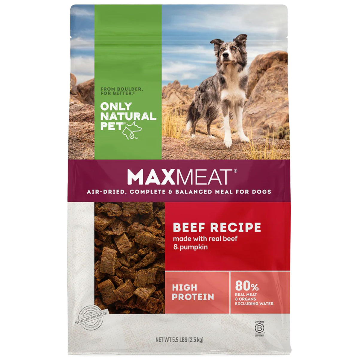 Only Natural Pet MaxMeat trozos de carne secados al aire, proteína concentrada para perros activos.