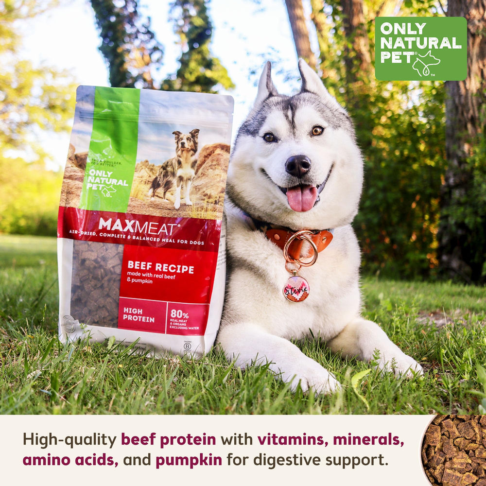 Only Natural Pet MaxMeat trozos carne secados al aire, proteína alta para perros activos.
