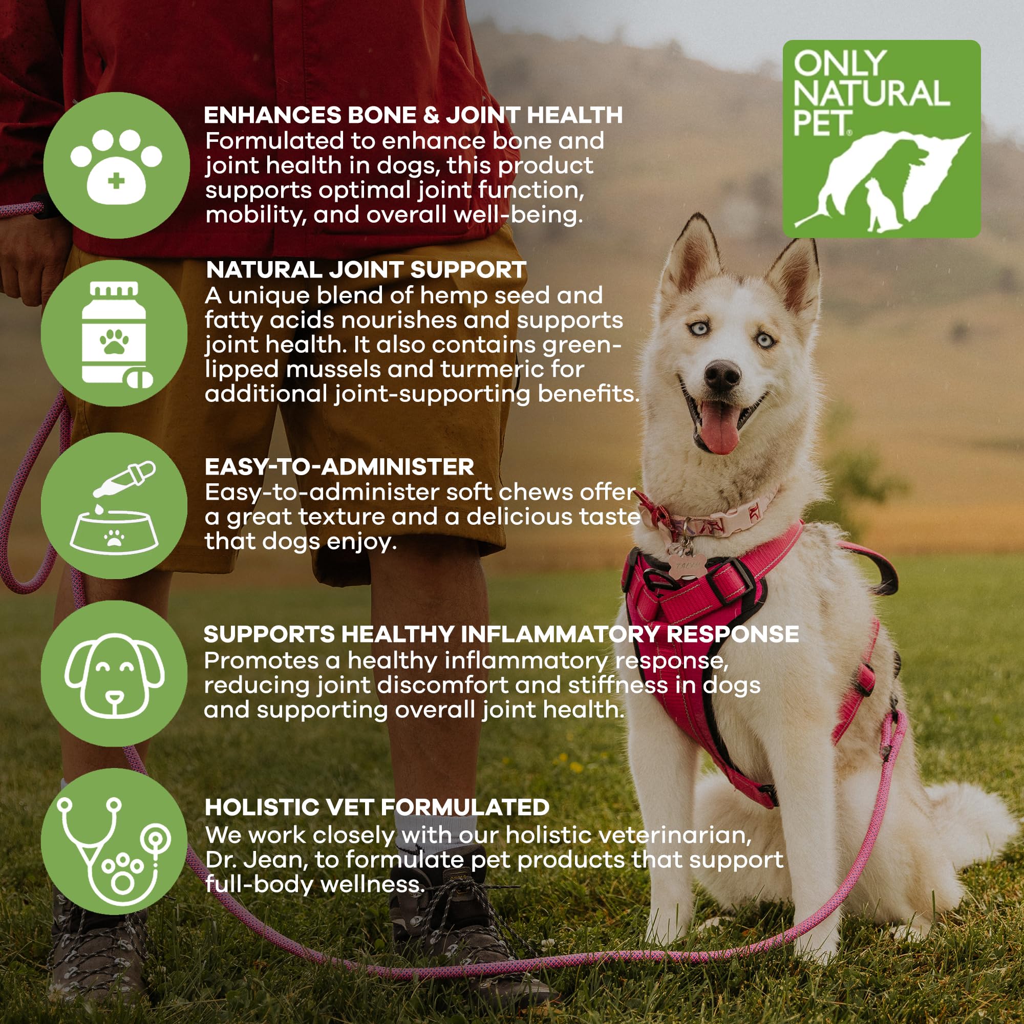 Only Natural Pet movilidad articular, gomitas para perros activos.