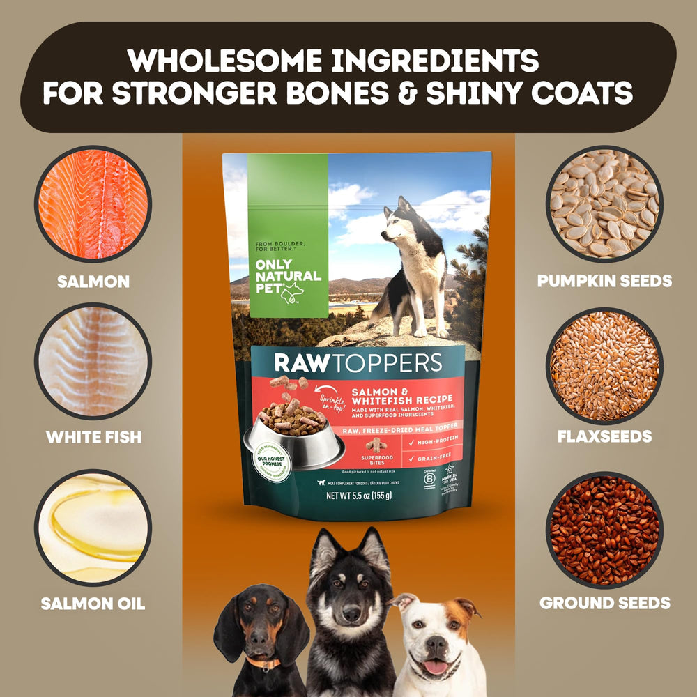 Only Natural Pet Raw Toppers: trozos deshidratados de salmón y pescado blanco para sabor natural