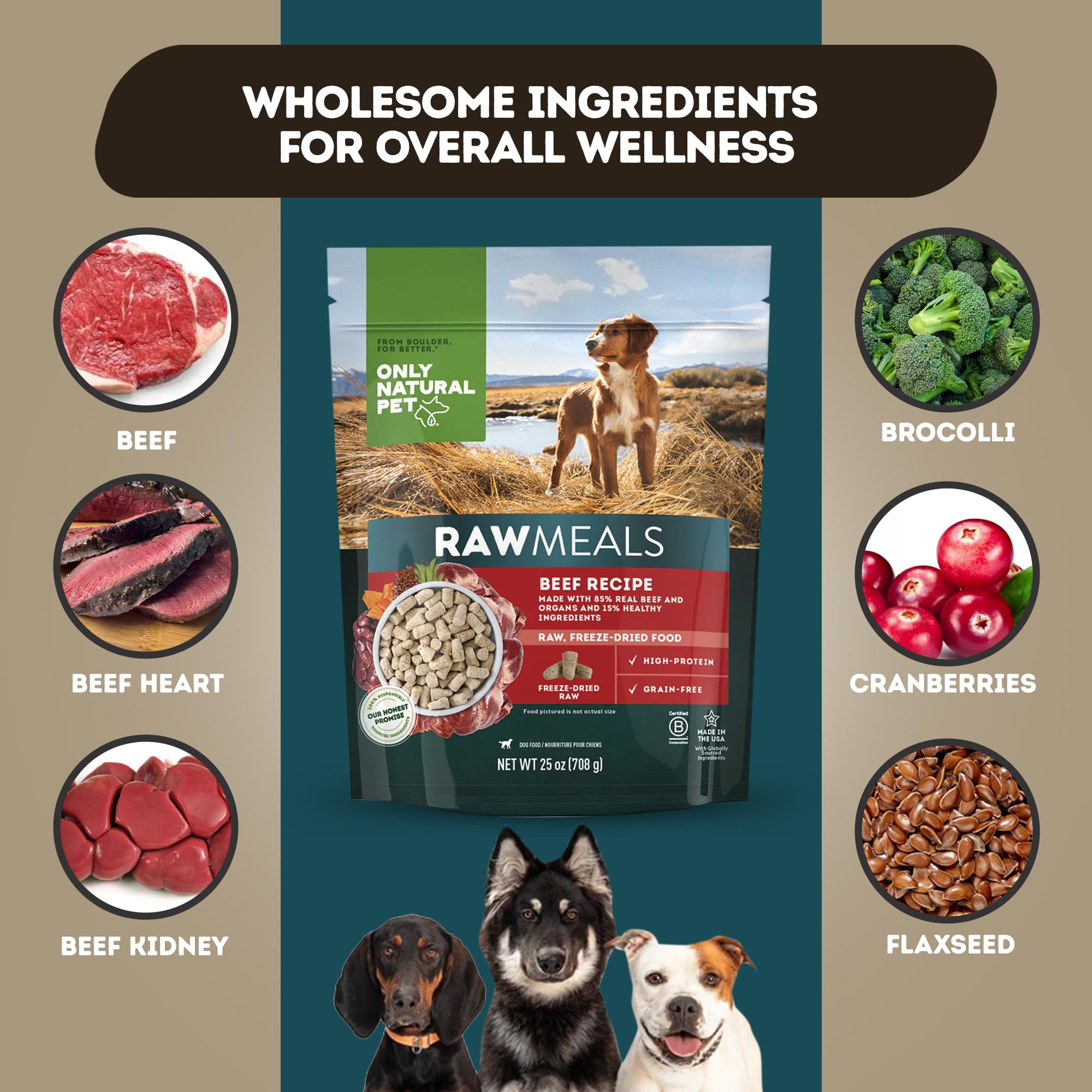 Only Natural Pet RawMeals Beef Recipe, carne y hígado visibles, apoyo muscular.