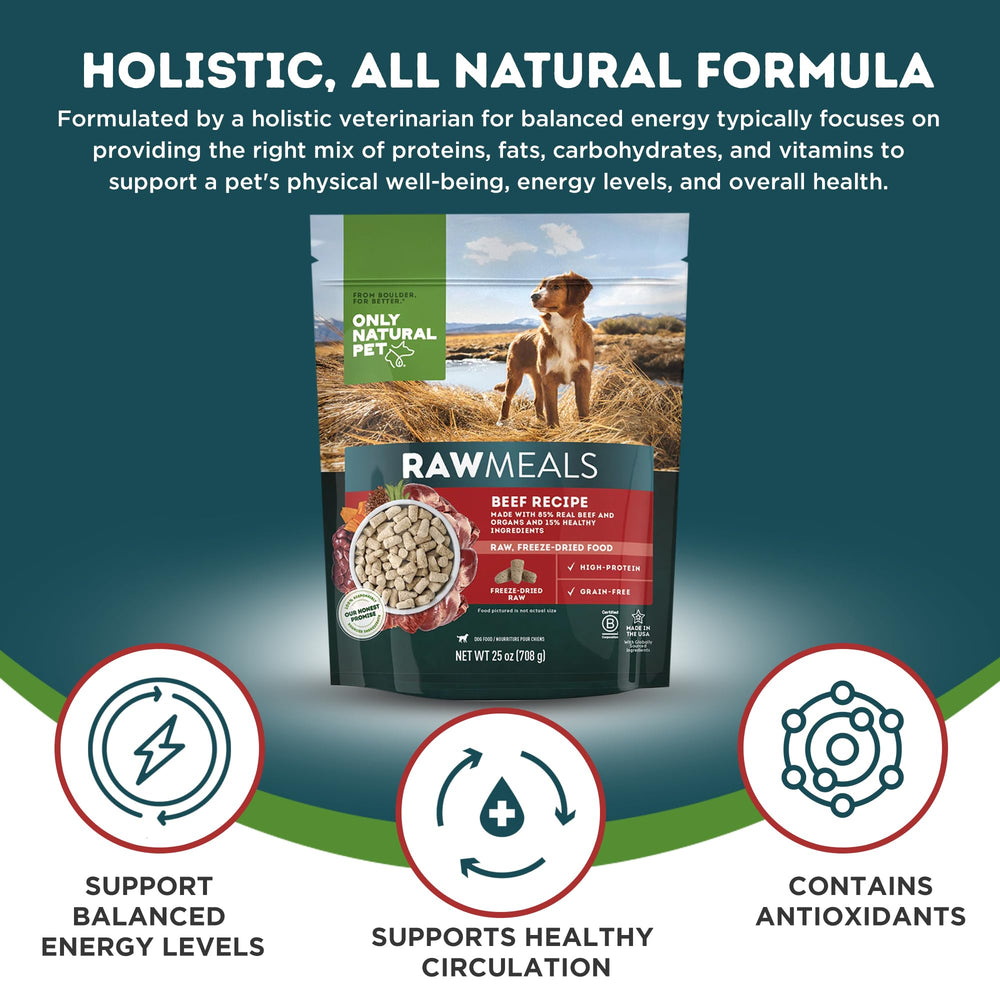 Only Natural Pet RawMeals Beef Recipe, frutas y verduras, nutrición balanceada para energía.