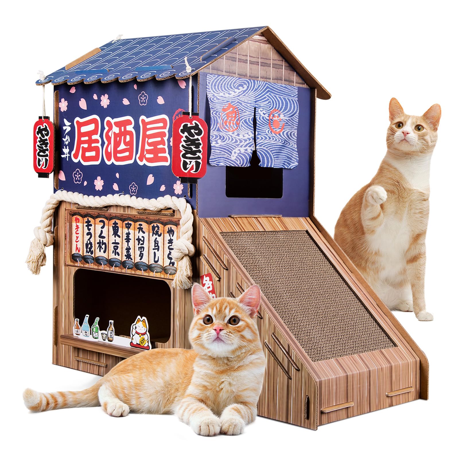 opbodqo casa de gato cartón dos niveles con juguetes para estimular juego