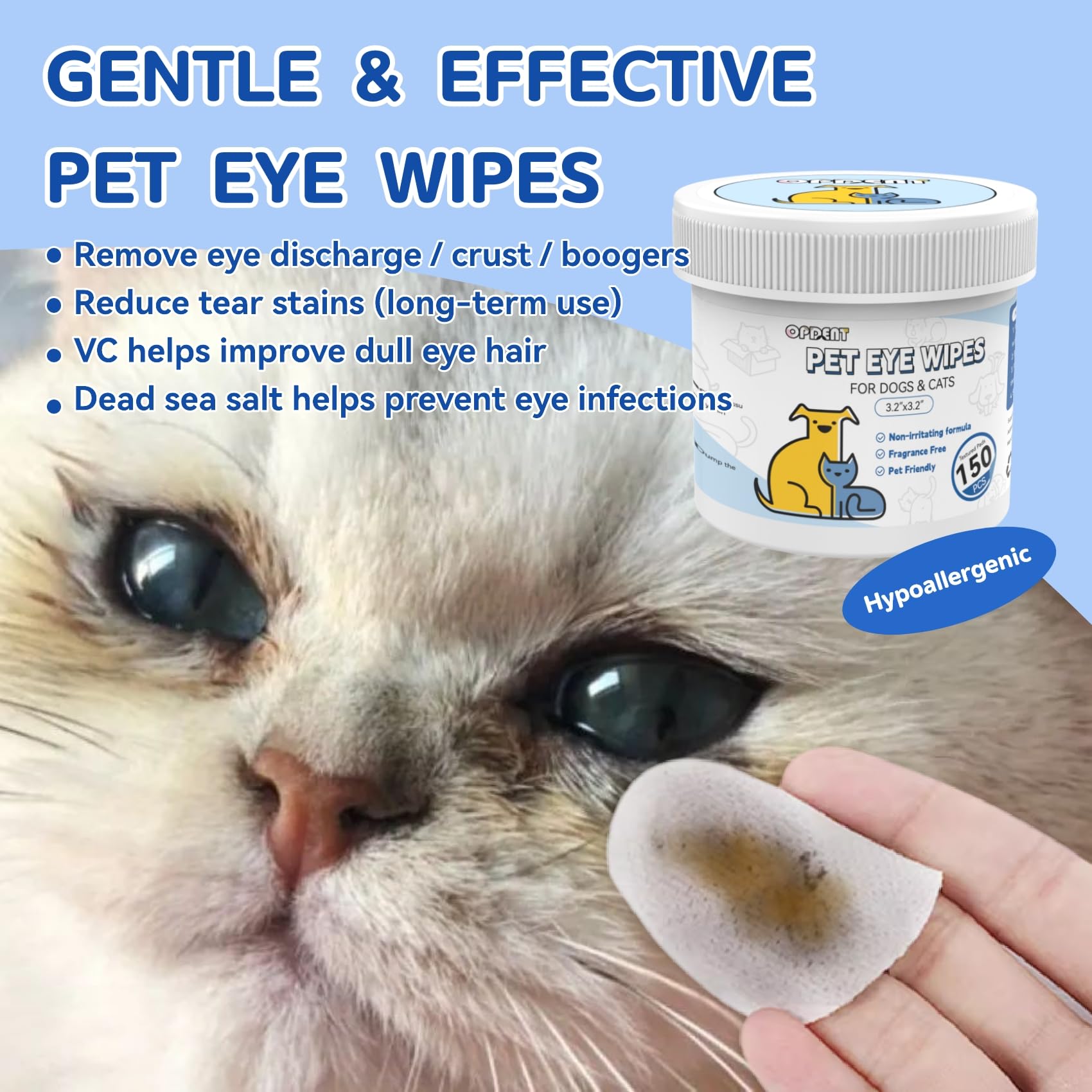 Opdent: toallitas oculares para perros y gatos, extra grande para mayor cobertura.