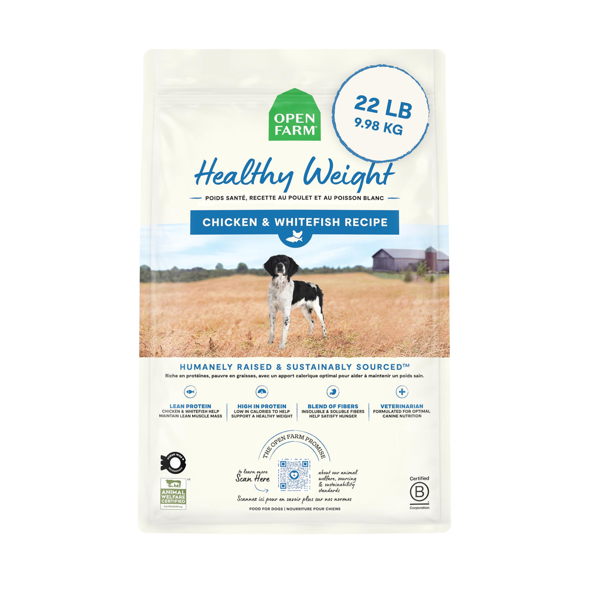 Open Farm bolsa de 22 libras muestra peso saludable para perros