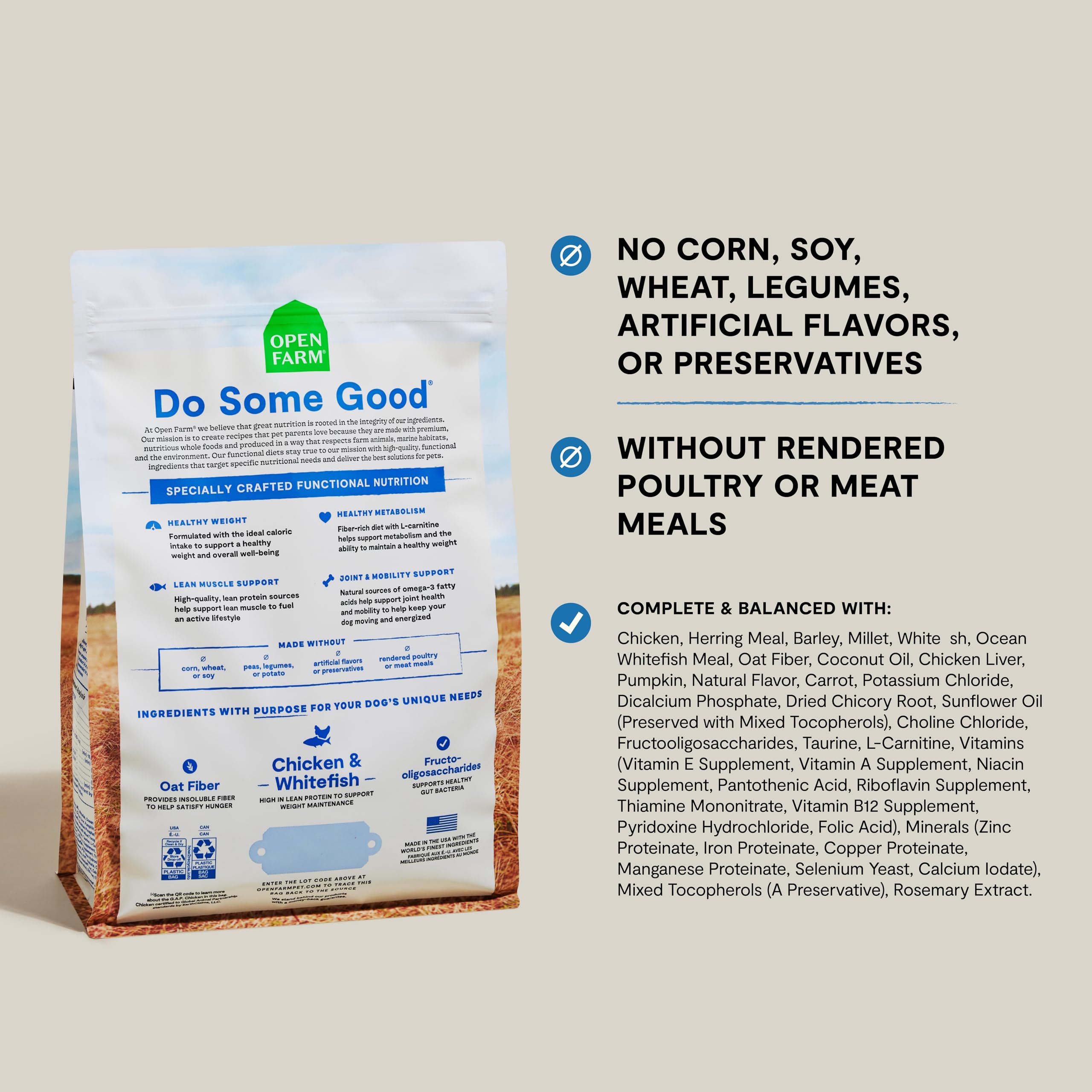 Open Farm primer plano mostrando proteína pollo y pescado para músculo magro