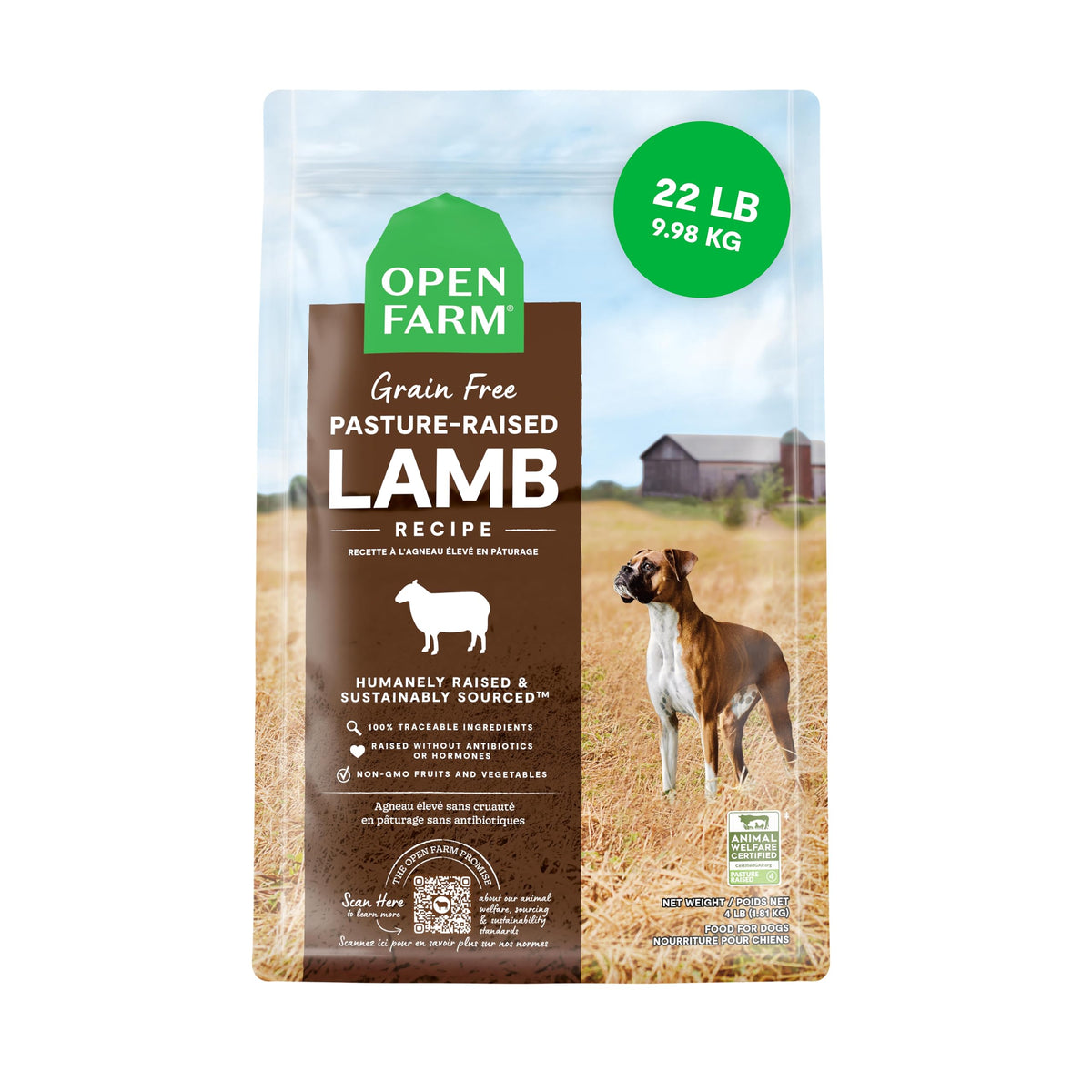 Open Farm bolsa de comida seca sin granos de cordero para perros activos.