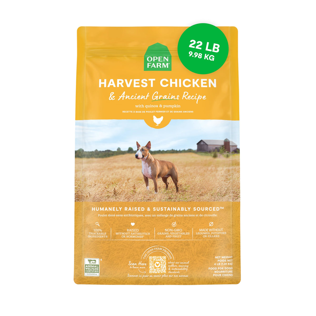Open Farm: bolsa de comida para perros con granos antiguos y pollo cosecha.