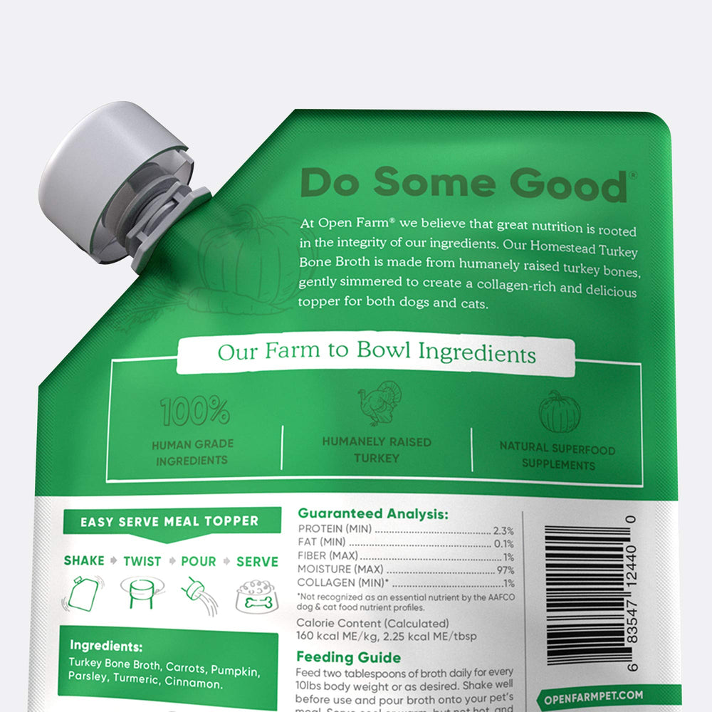 Etiqueta de Open Farm Caldo de Huesos con ingredientes claros para elección informada.