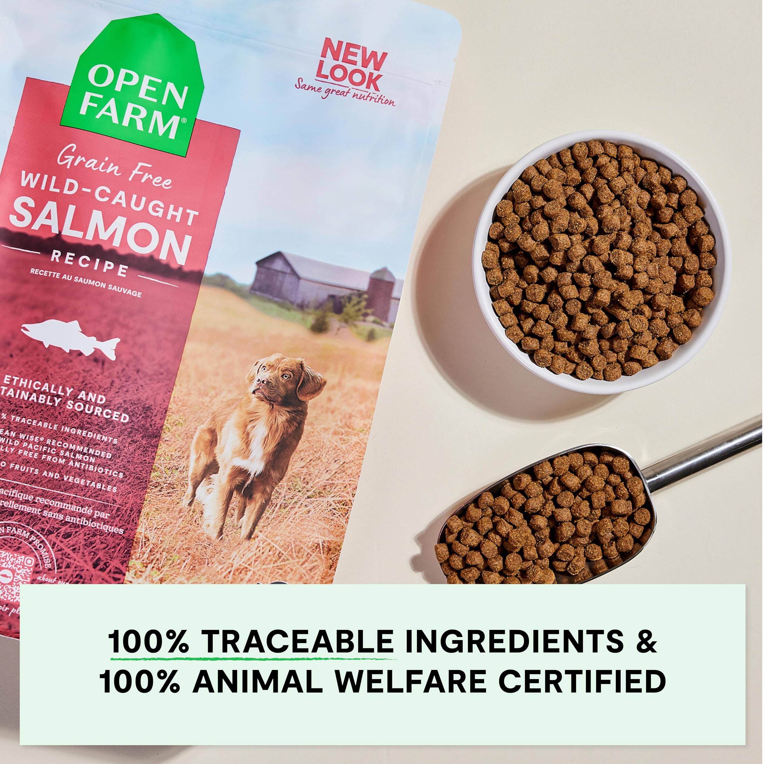 Open Farm Certificaciones de sostenibilidad, ingredientes éticos y trazabilidad.