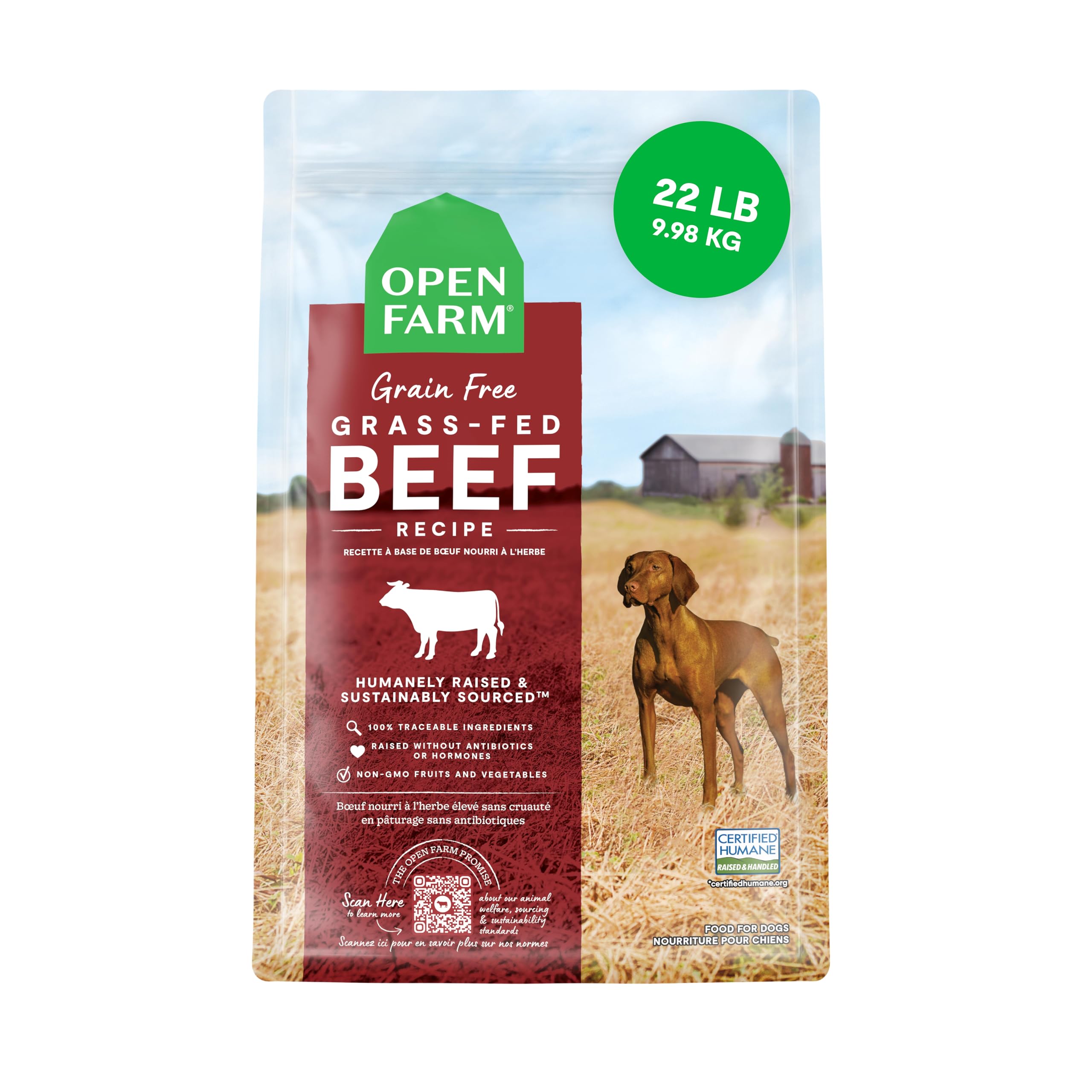 Open Farm comida para perros sin granos con res alimentada en pastos, nutrición completa.