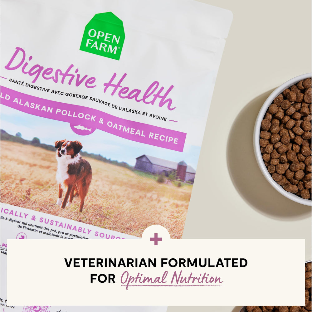 Open Farm Digestive Health: empaque hecho en EE. UU. e ingredientes trazables.
