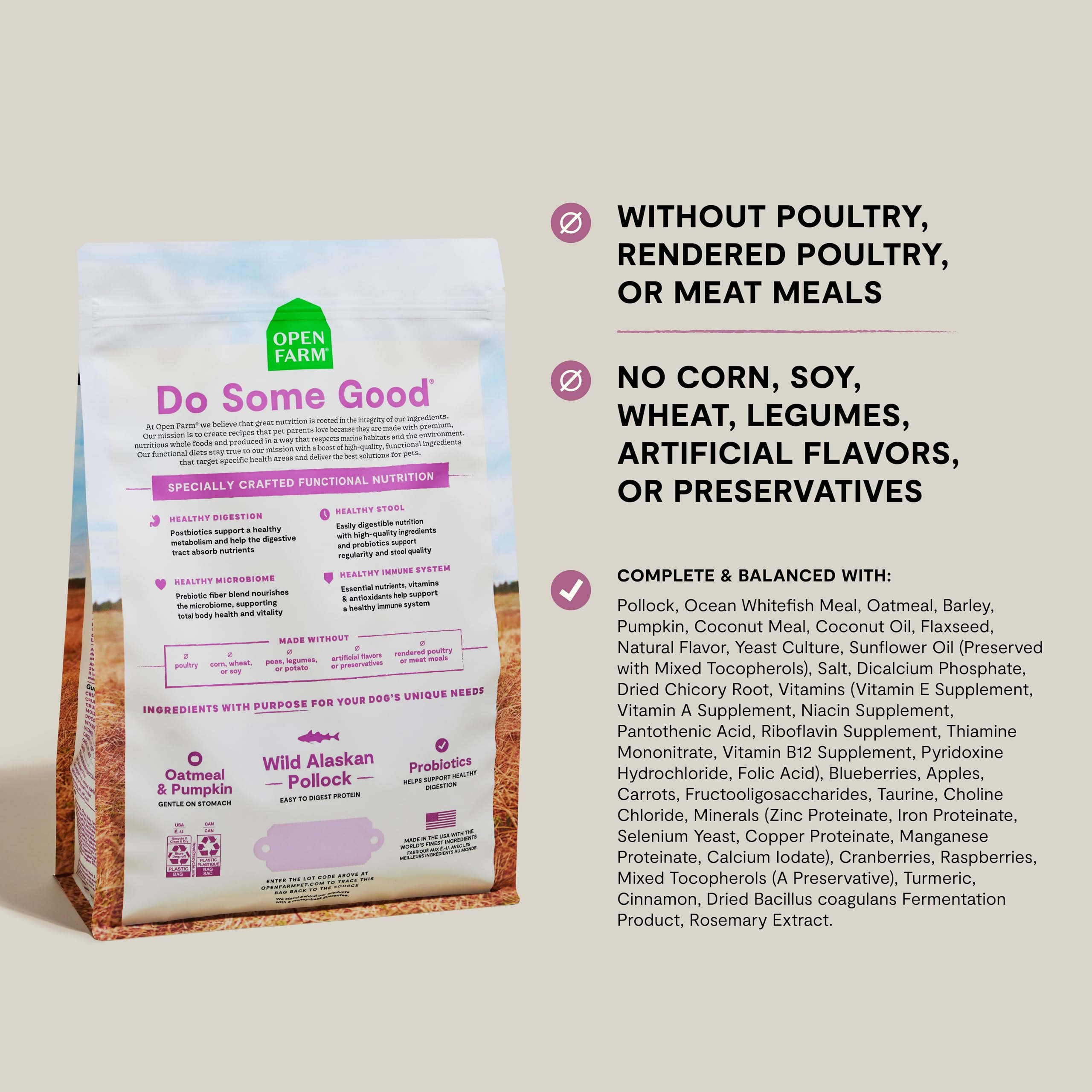 Open Farm Digestive Health: pienso seco en primer plano, suave para estómago sensible.