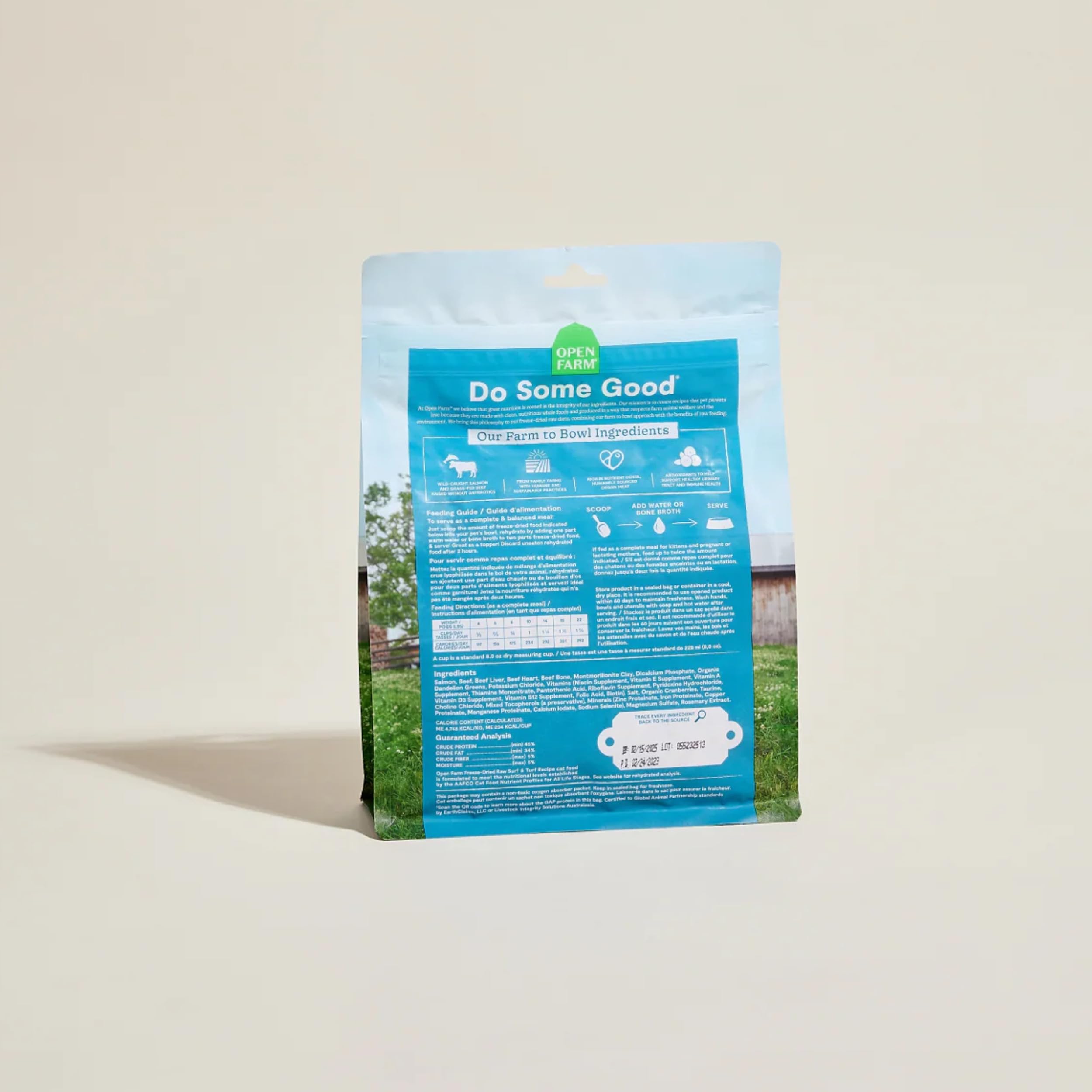 Etiqueta de Open Farm sin maiz ni conservantes.