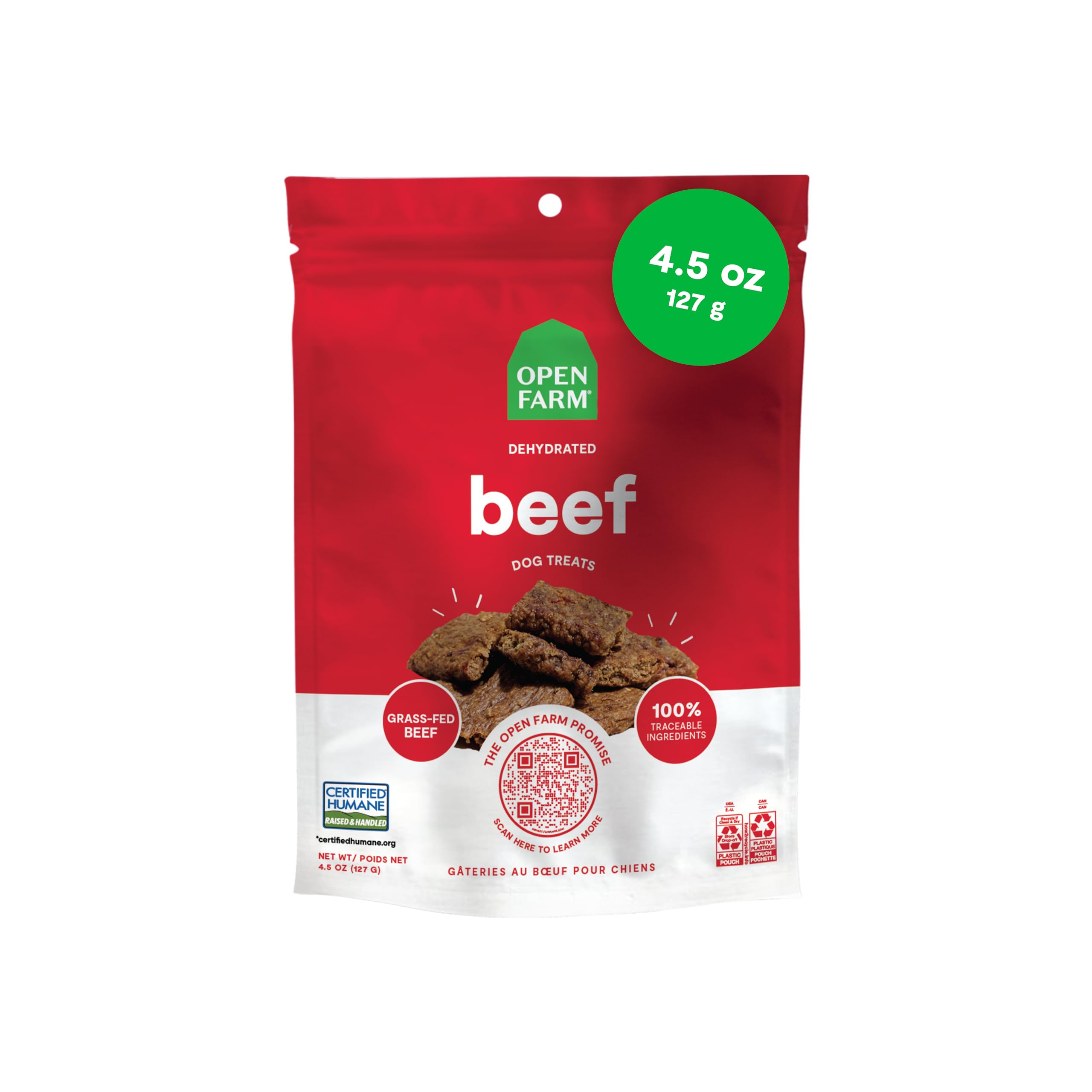 Open Farm friandises déshydratées au bœuf, protéines élevées pour chiens actifs.
