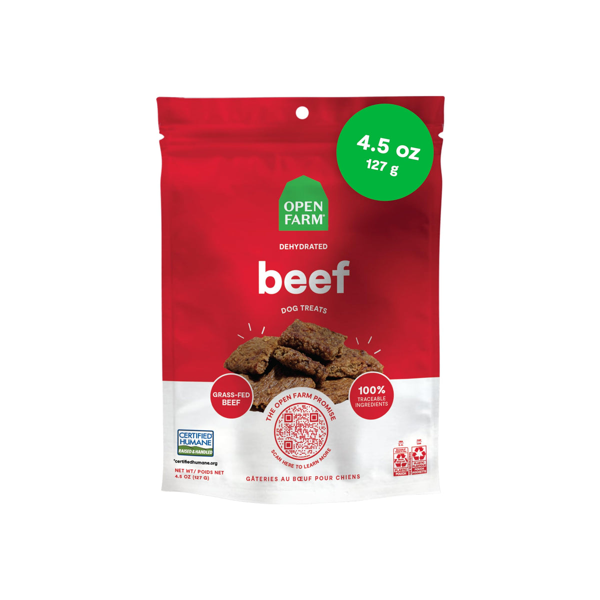 Open Farm friandises déshydratées au bœuf, protéines élevées pour chiens actifs.