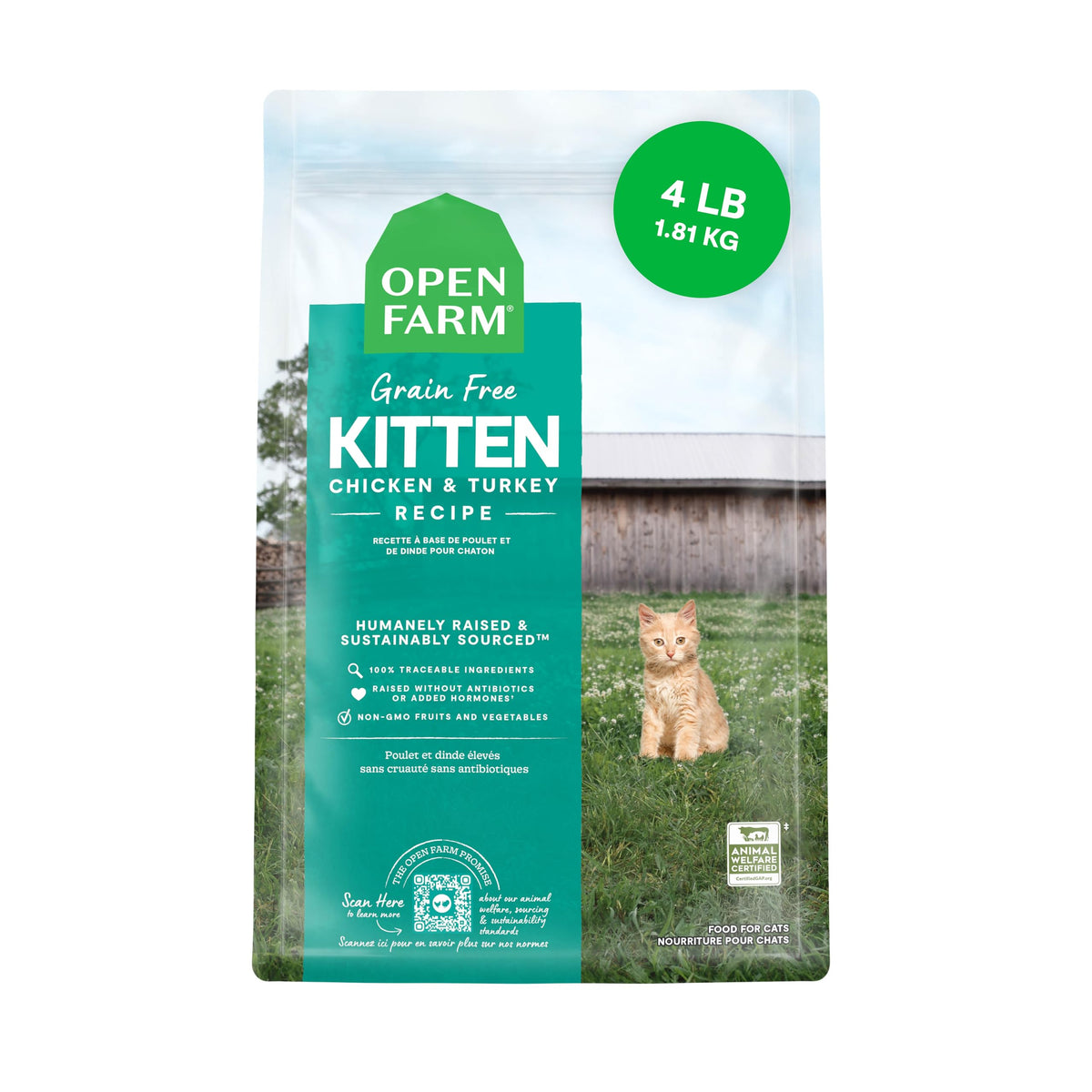 Open Farm gatitos sin granos, bolsa de 4 lb, croquetas con proteína de pavo y pollo.