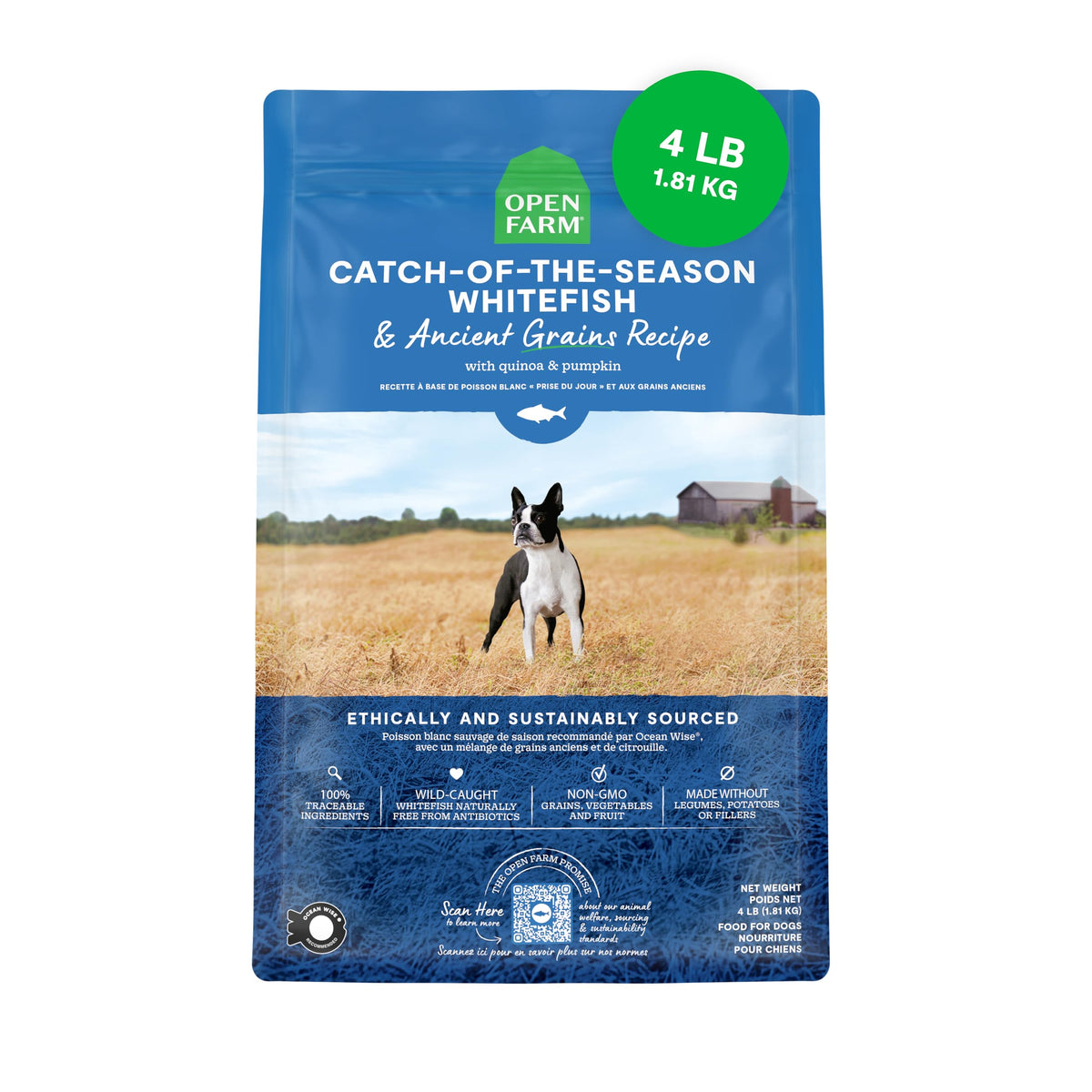 Open Farm: grano antiguo para perro con proteína alta y sabor pleno.