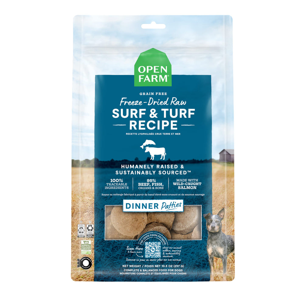 Open Farm hamburguesa cruda liofilizada Surf y Turf, alta proteina.